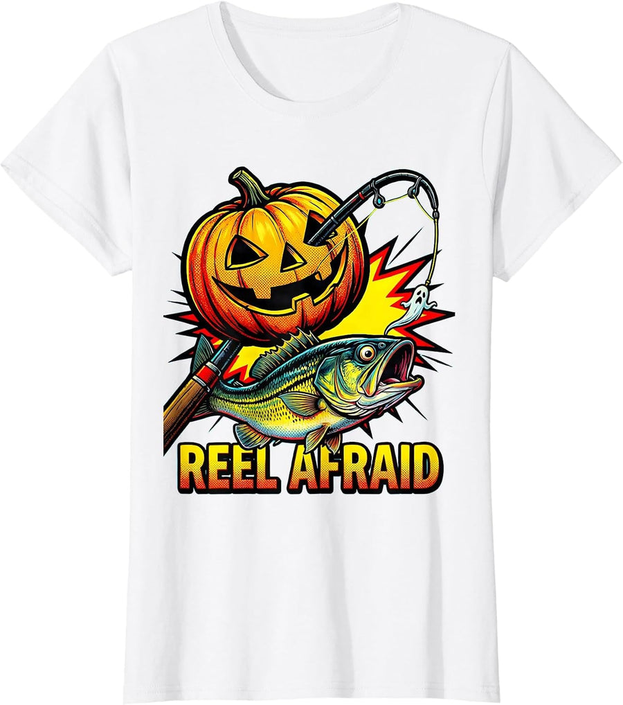 Women's Reel Afraid Pop Art Halloween Fishing Spooky Season T-Shirt - White