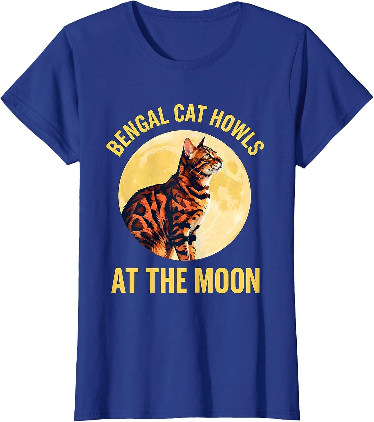 Women's Bengal Cat Howls at the Moon 90s Retro Novelty Humor T-Shirt - Royal Blue