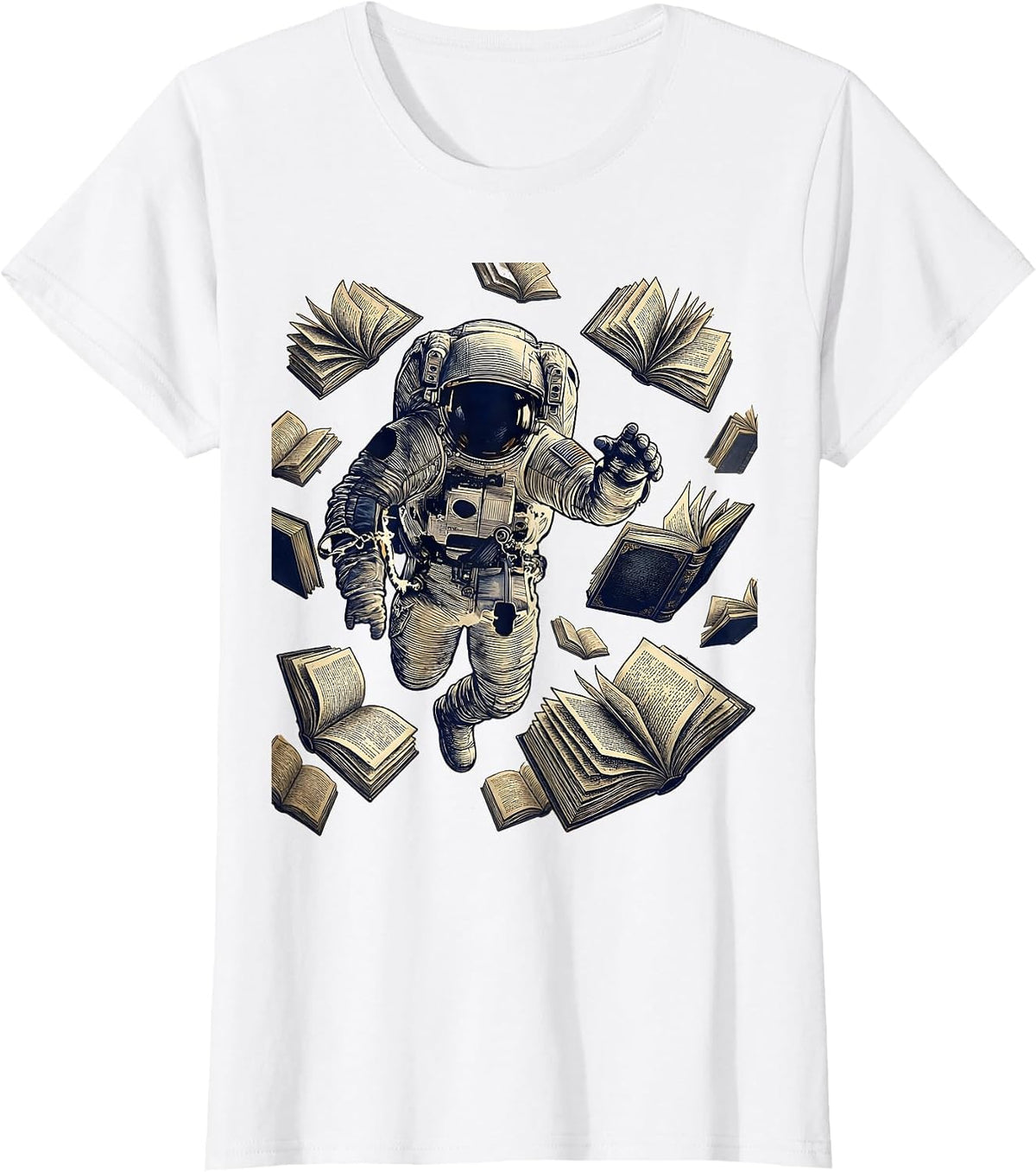 Women's Astronaut Floating Among Open Books Space Art T-Shirt - White