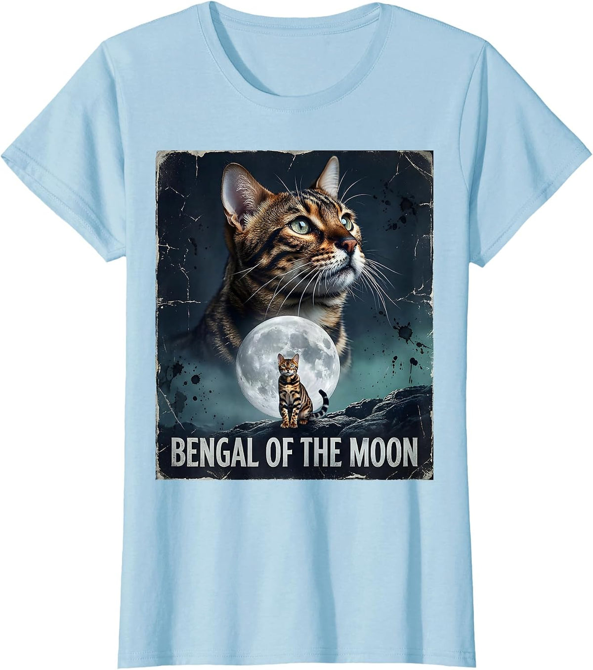 Bengal Of The Moon Distressed Funny Cat Lover Retro 90s T-Shirt - Baby Blue
