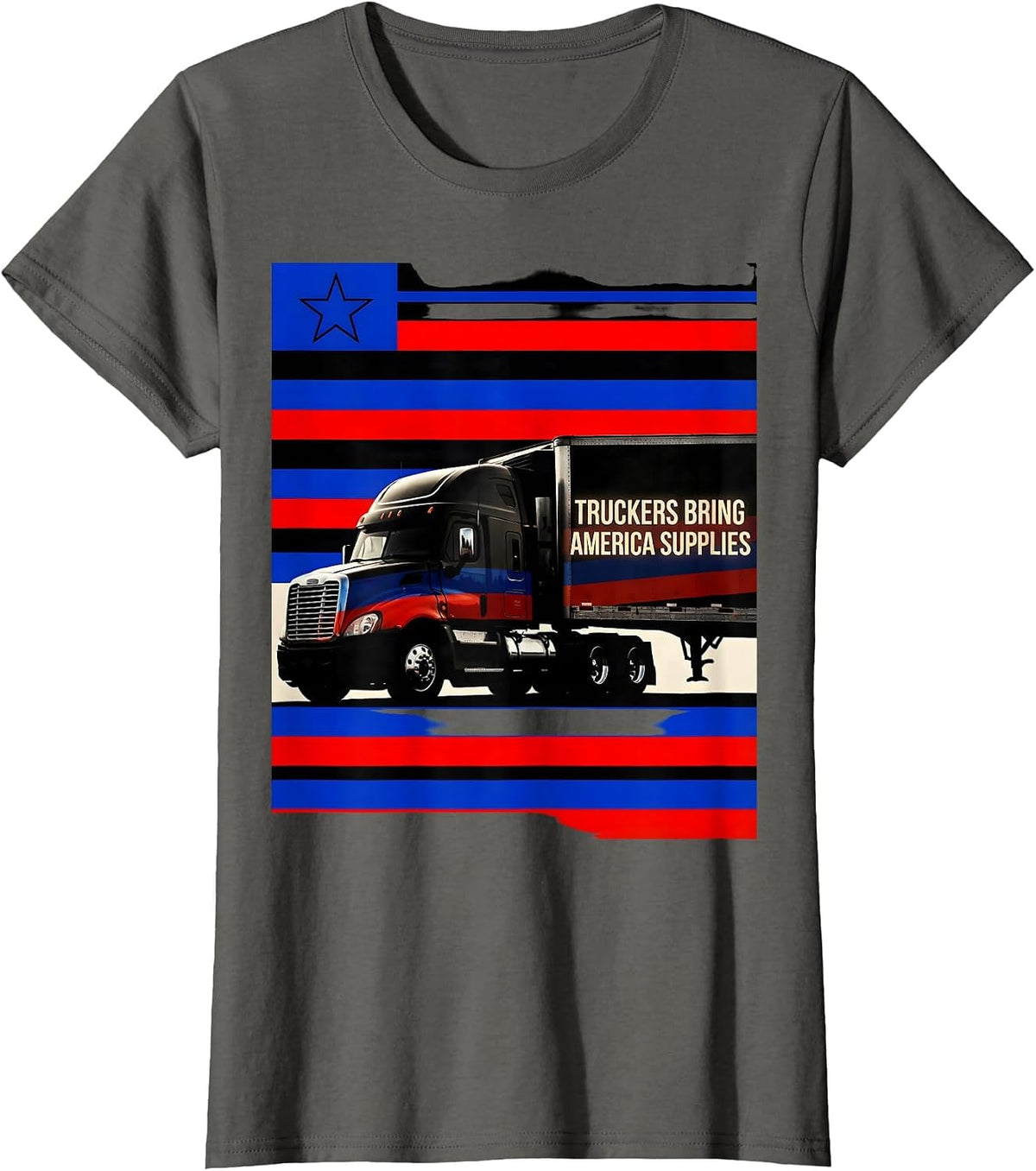 Women's Truckers Bring America Supplies Patriotic Semi-Truck Driver T-Shirt - Asphalt Grey