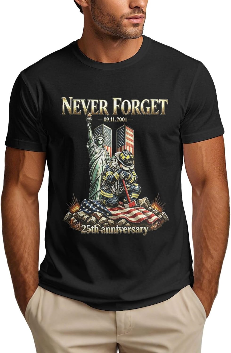 Never Forget 343 Firefighters Tribute Shirt 911 25th Anniversary Mens Tshirt - Black