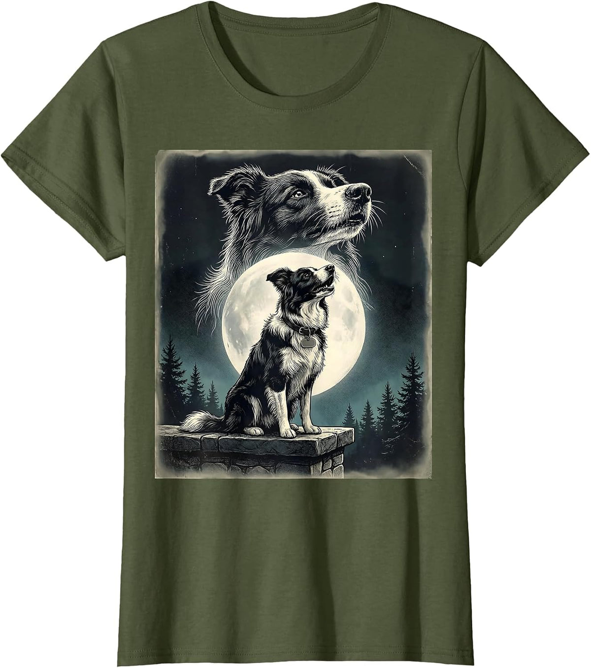 Women's Border Collie Howling to the Moon Vintage Dog Art T-Shirt - Olive Green