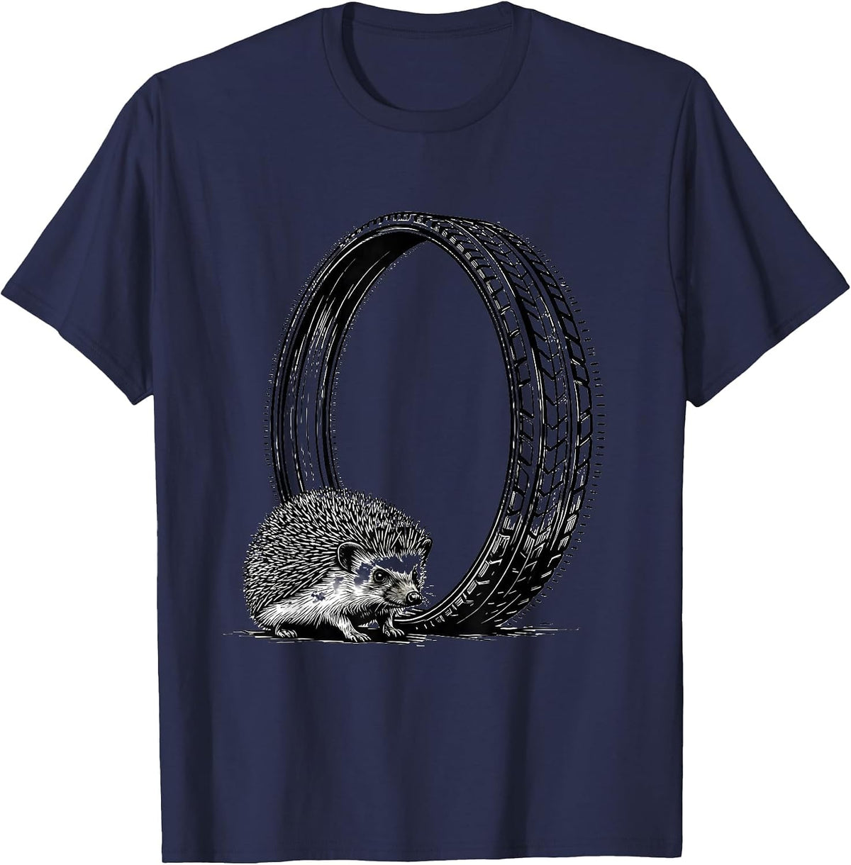 Hedgehog Wheel Track Whimsical Animal Humor T-Shirt - Navy Blue