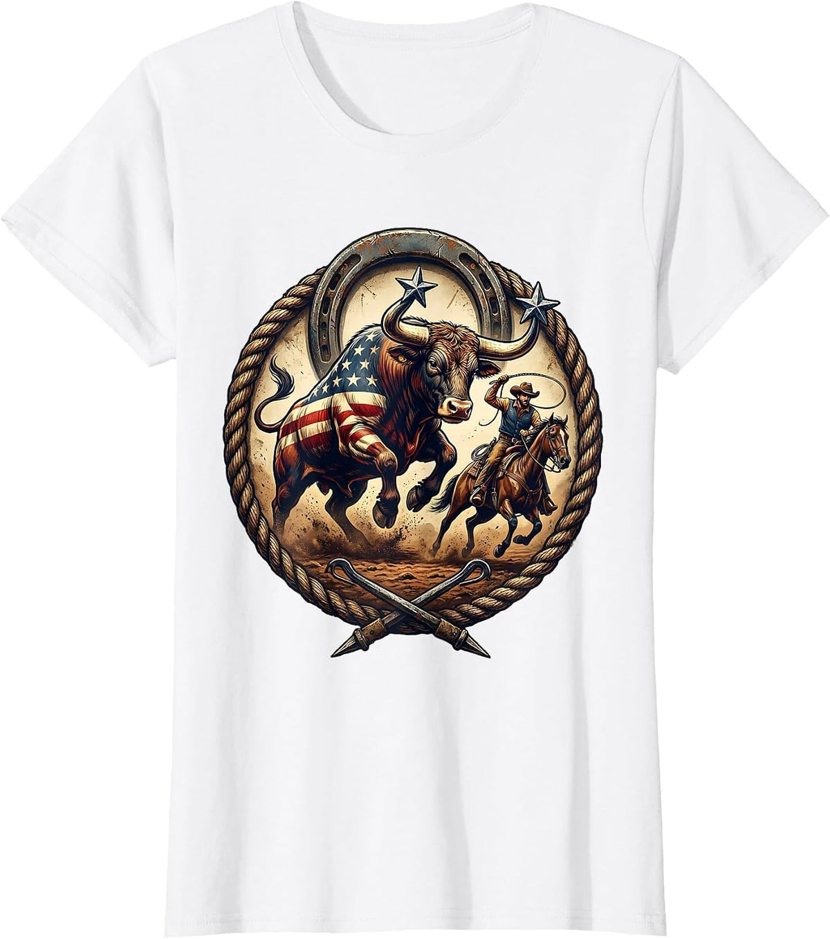 Bull Riding Rodeo Cowboy Graphic Tee T-Shirt - White