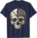 Cracked Skull Writhing Worms Dark Horror Graphic T-Shirt - Navy Blue