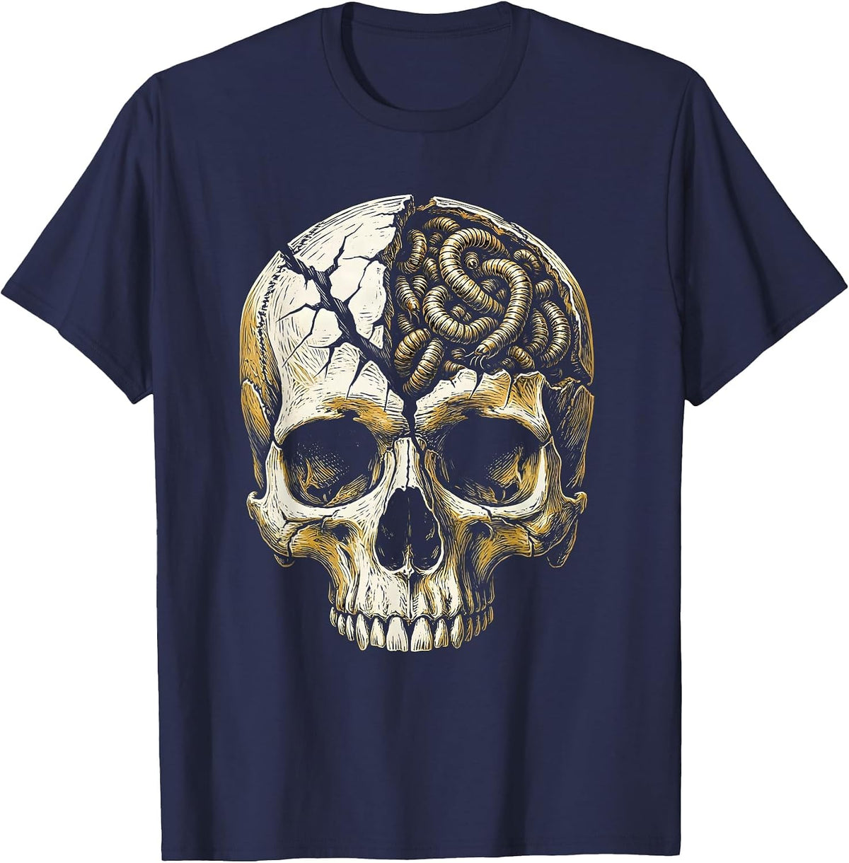 Cracked Skull Writhing Worms Dark Horror Graphic T-Shirt - Navy Blue