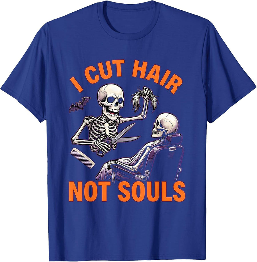 I Cut Hair, Not Souls Cartoon Skeleton Hairstylist Halloween T-Shirt - Royal Blue