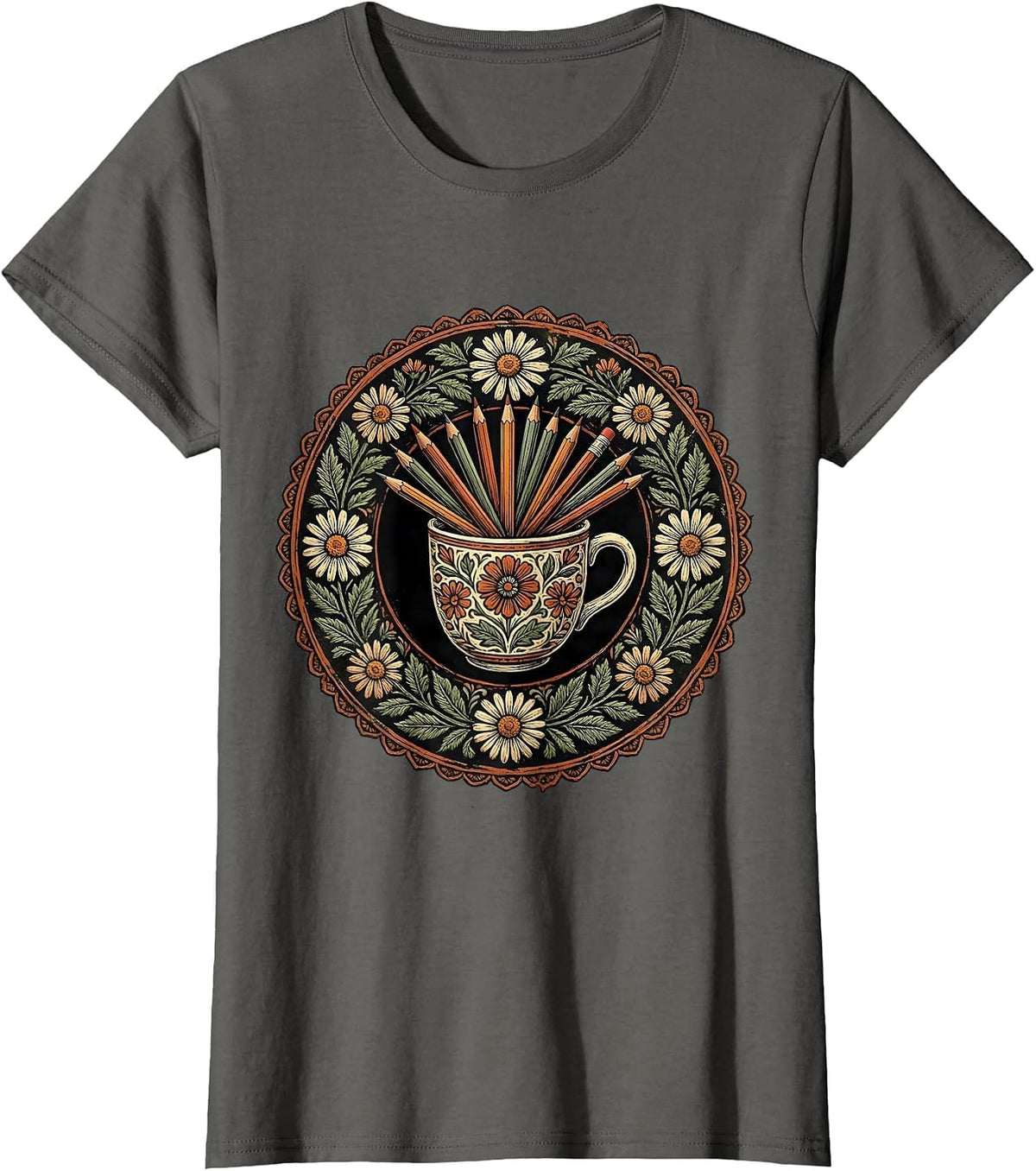 Women's Elementary Teacher Coffee Mug Pencils Graphic T-Shirt - Asphalt Grey