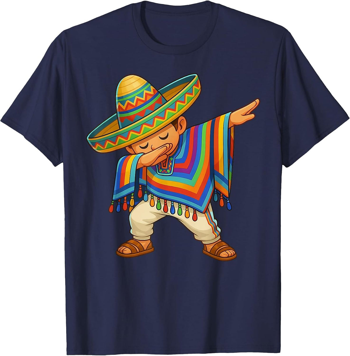Happy Cinco De Mayo Mexican Boy Dabbing Poncho Party Kid T-Shirt - Navy Blue