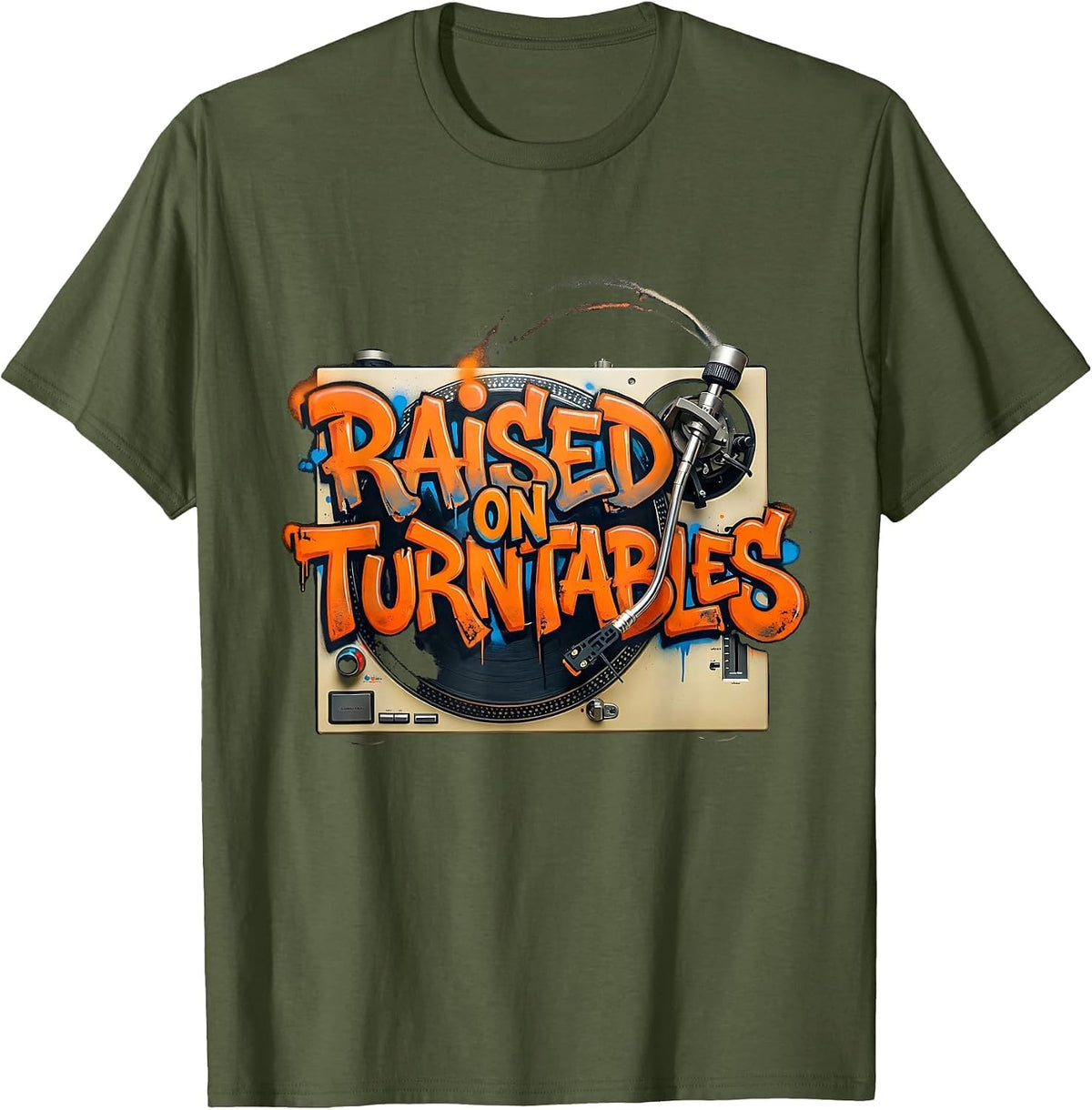 Men's Raised On Turntables Graffiti 90s Hip-Hop Rap Lyric T-Shirt - Olive Green