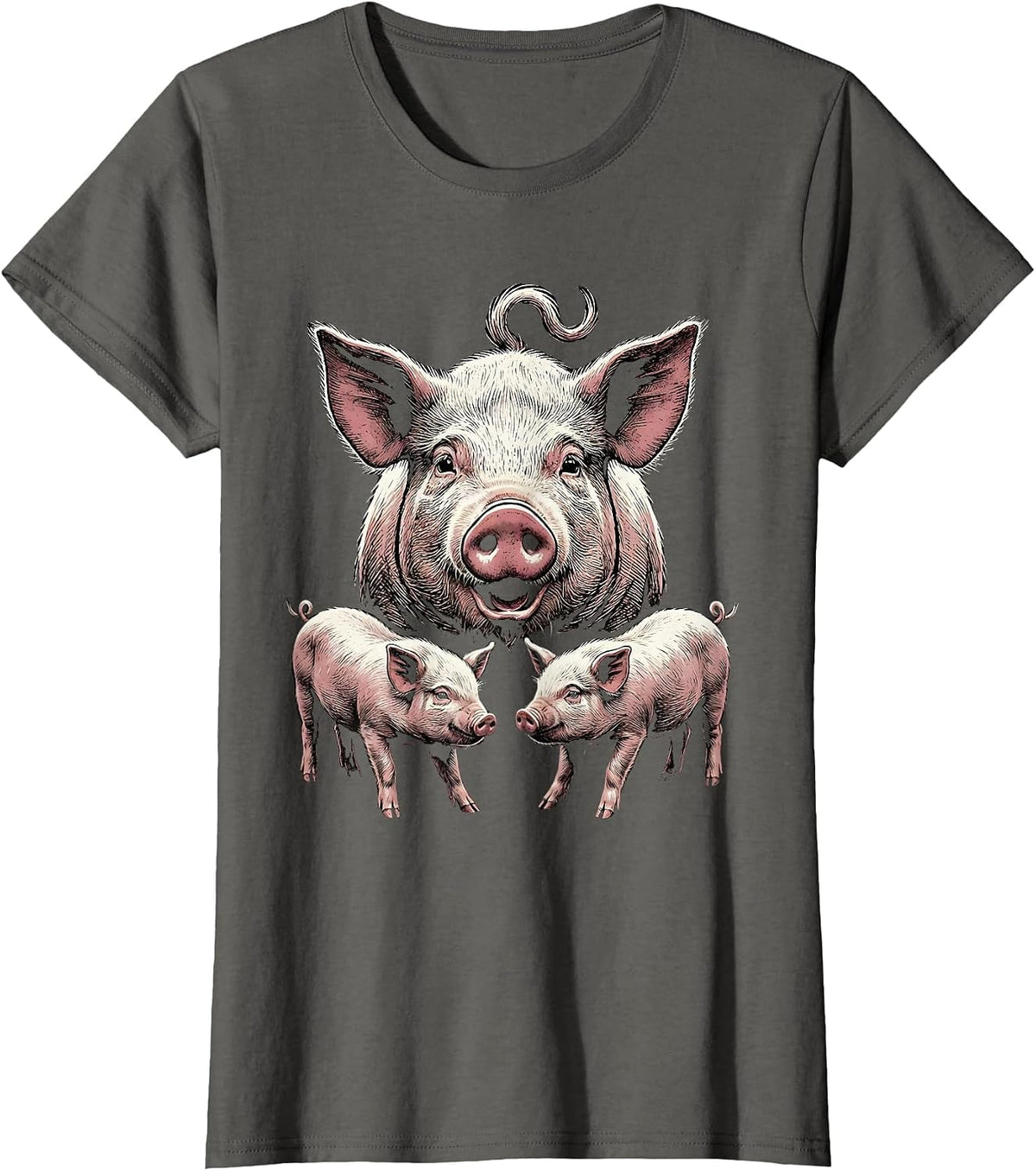 Women's Proud Pig Family Woodcut Engraving Farm Animal Lover Humor T-Shirt - Asphalt Grey