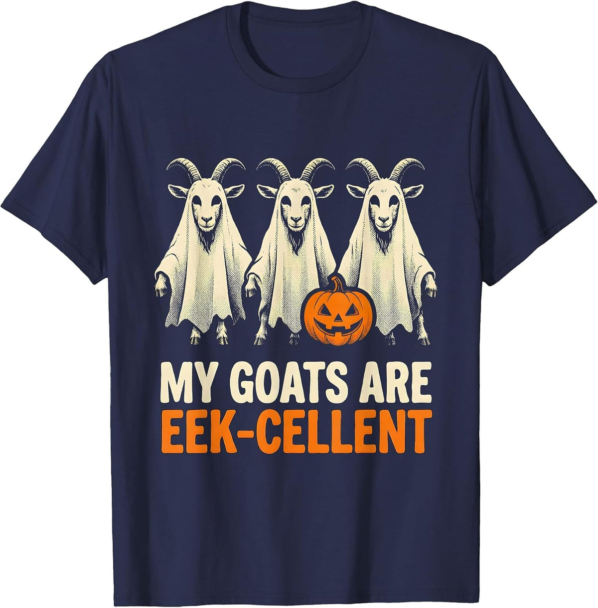My Goats Are Eek-cellent Funny Goat Ghost Halloween Farm T-Shirt - Navy Blue