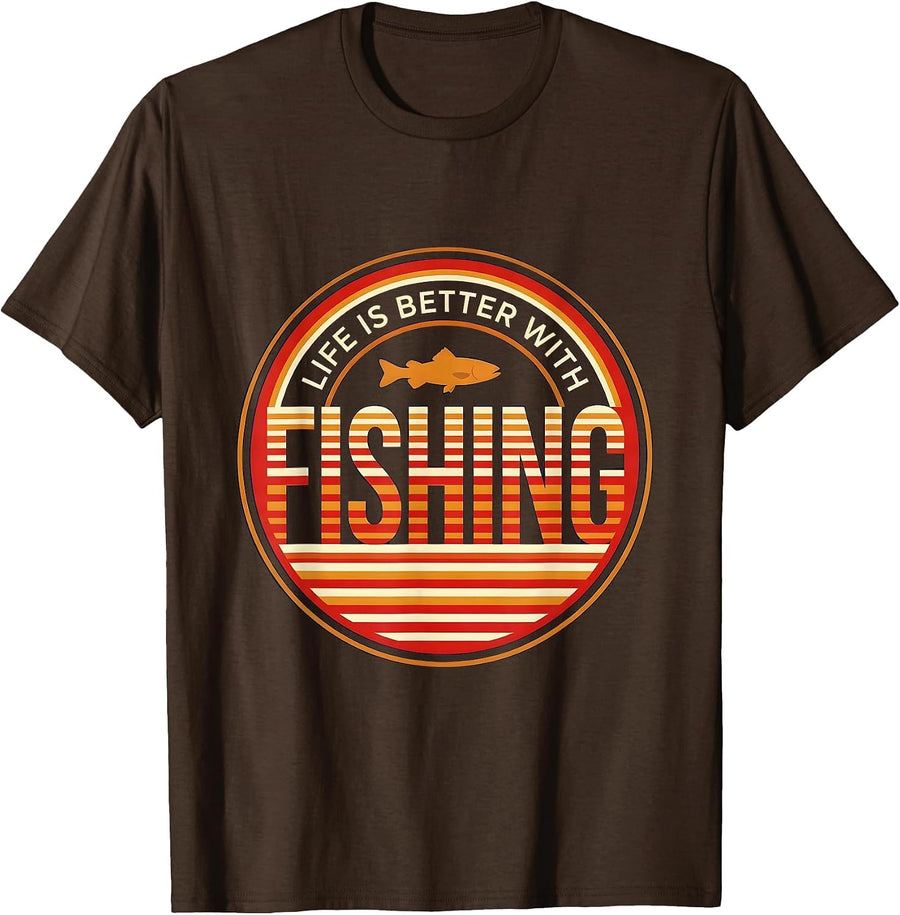 Life Is Better With Fishing Retro Vintage Emblem Novelty T-Shirt - Brown