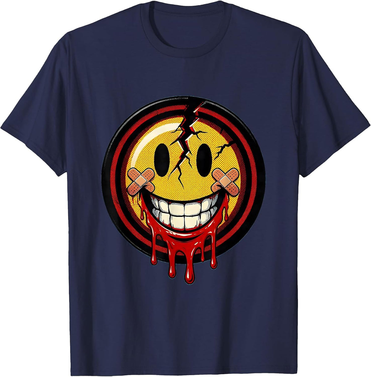 I'm Fine Bloody Smiling Face Graphic T-Shirt - Navy Blue