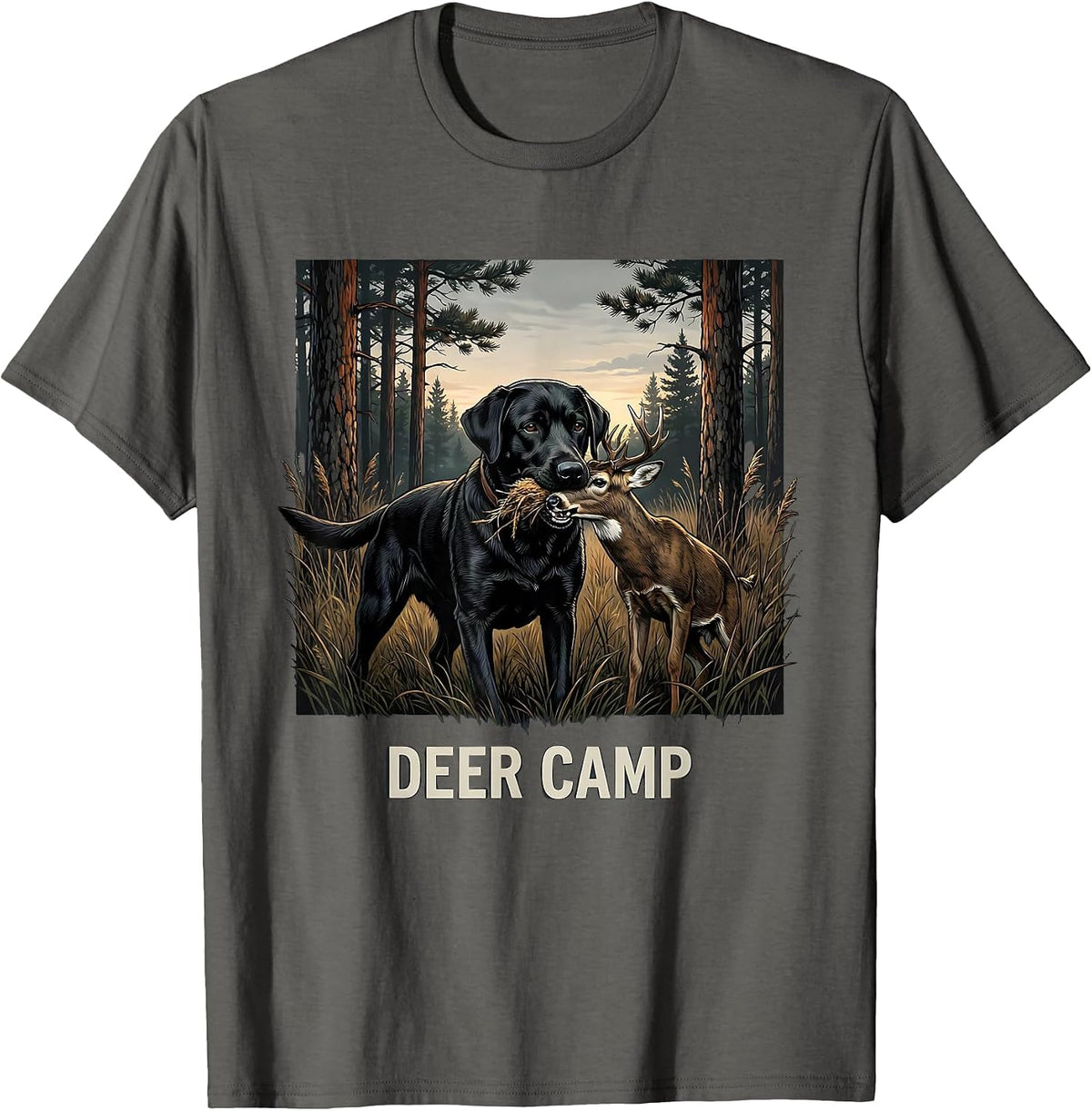 Deer Camp Retro Southern Local Boy Black Lab Hunting T-Shirt - Asphalt Grey