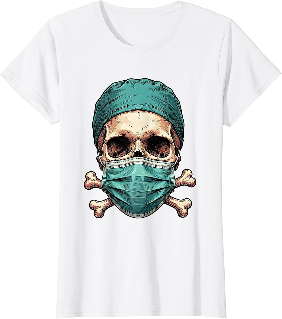 Skull Surgeon Scrub Cap Surgical Mask Design T-Shirt - White