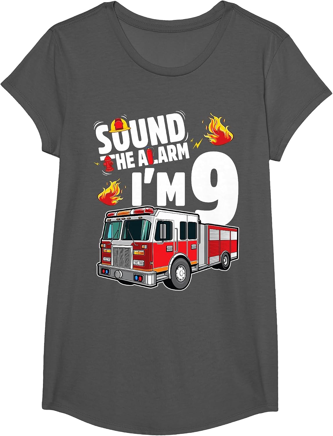 Fire Truck 9th Birthday Boy Firefighter 9 Year Old T-Shirt - Girls Asphalt Grey