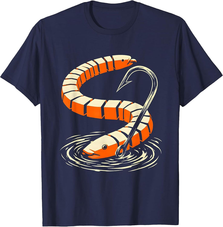 Realistic Rubber Worm Fishing Lure Graphic T-Shirt - Navy Blue