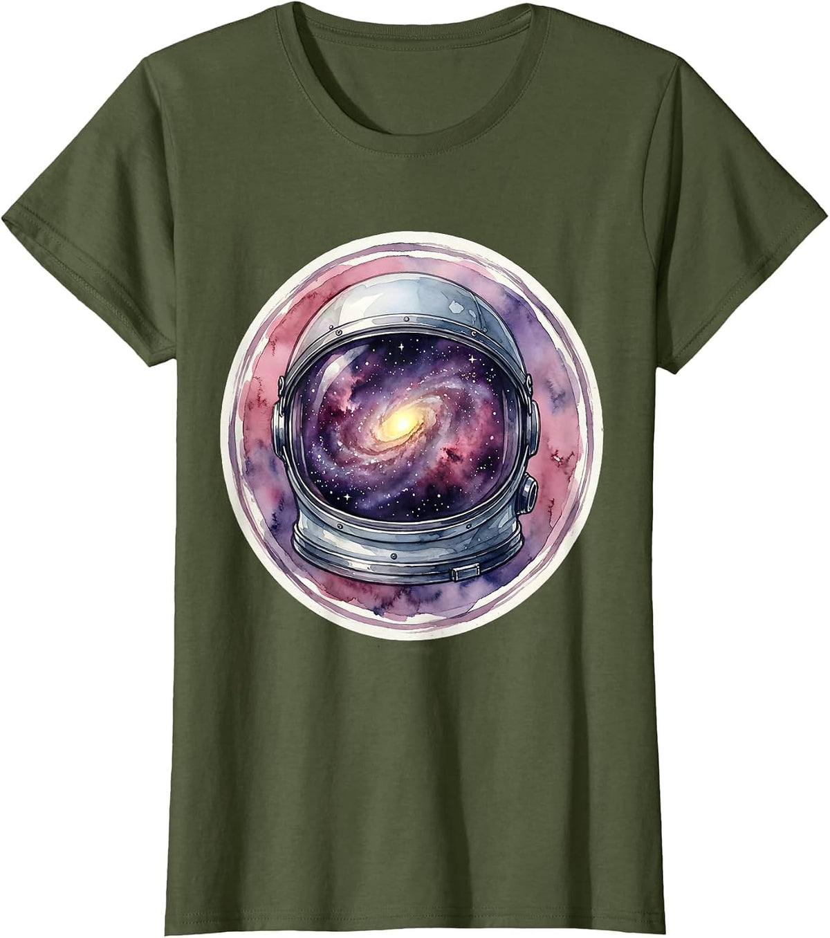 Women's Vintage Space Helmet Galaxy Reflection Design T-Shirt - Olive Green
