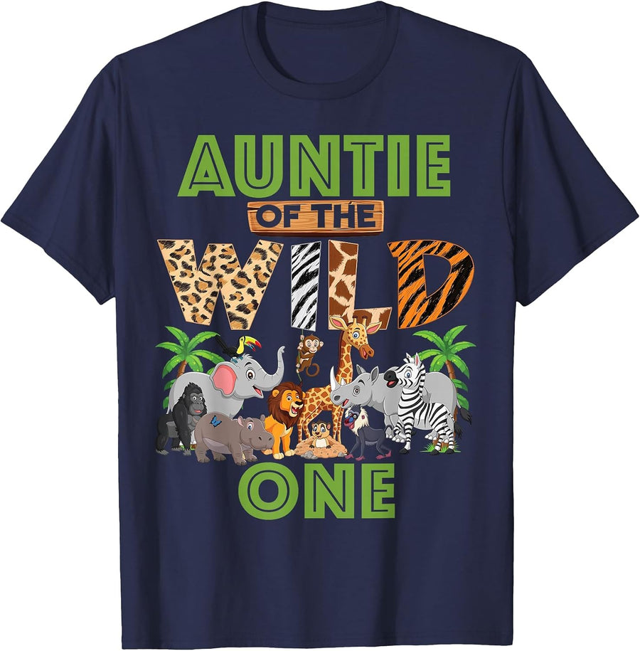 1st Birthday Zoo Safari Jungle Auntie of The Wild One B-Day T-Shirt - Navy Blue