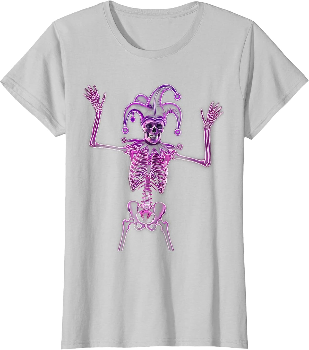 Mardi Gras Dancing Skeleton Jester Hat Design T-Shirt - Silver Grey