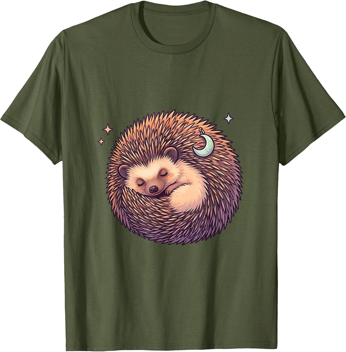 Sleeping Hedgehog Cute Kawaii Whimsical Retro Gift T-Shirt - Olive Green
