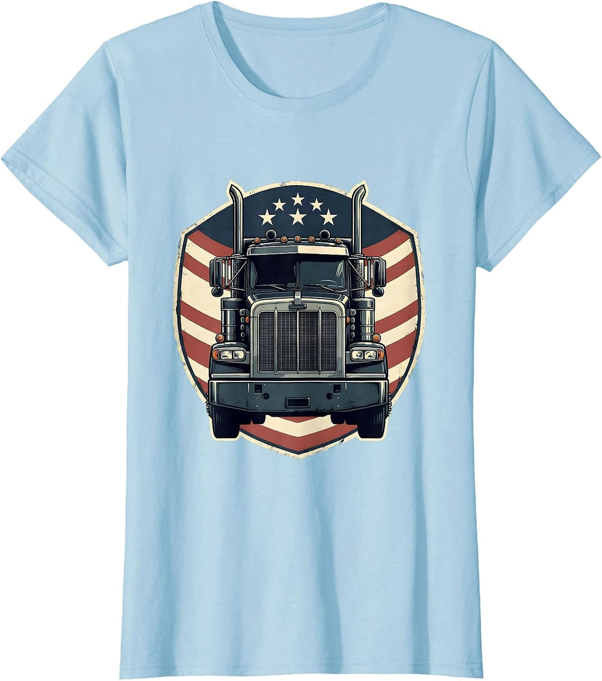 Women's Semi Truck Crest American Flag Patriotic Driver T-Shirt - Baby Blue