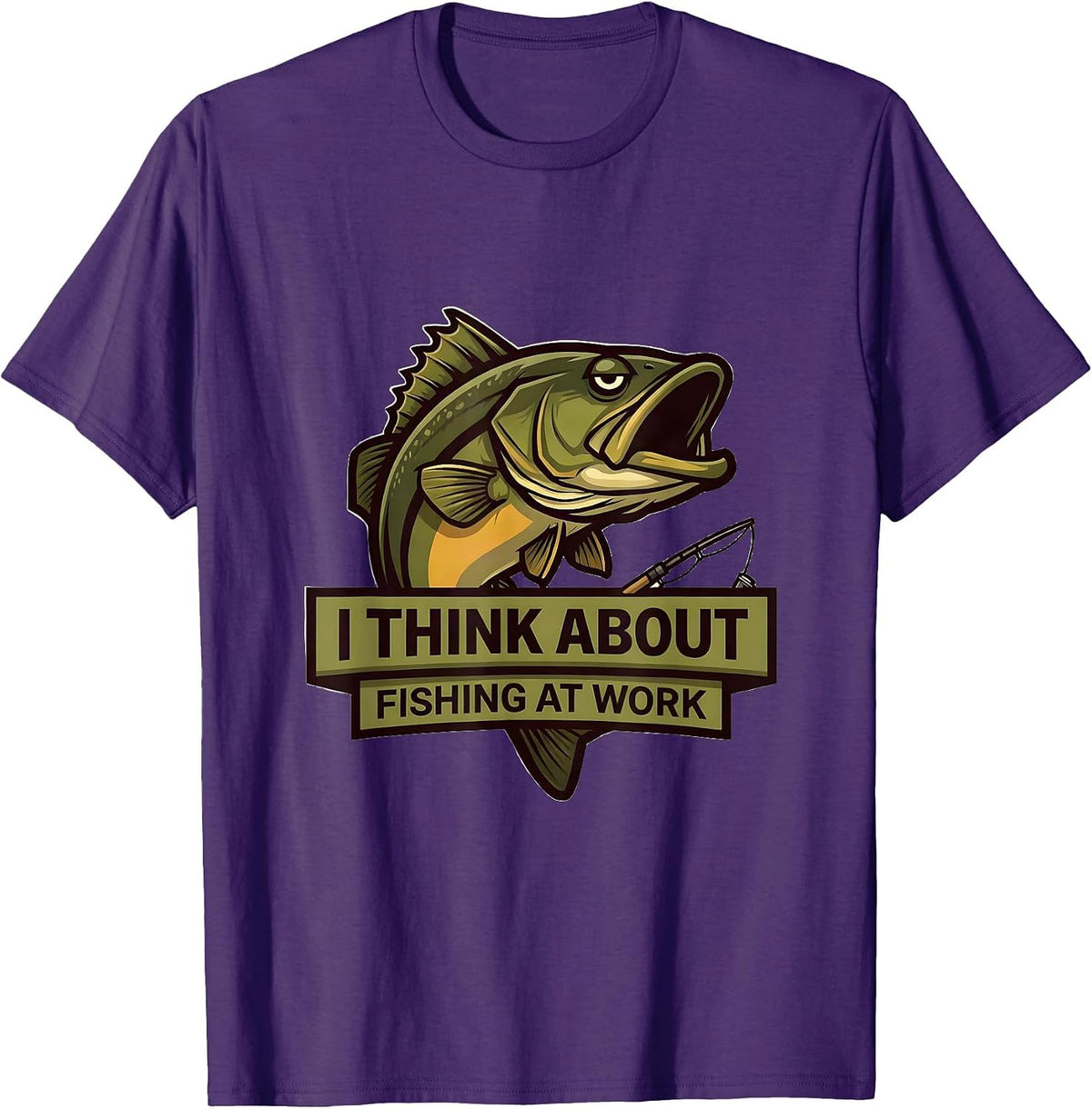 Men's I Think About Fishing At Work Funny Bass Fisherman Dad Gift T-Shirt - Purple
