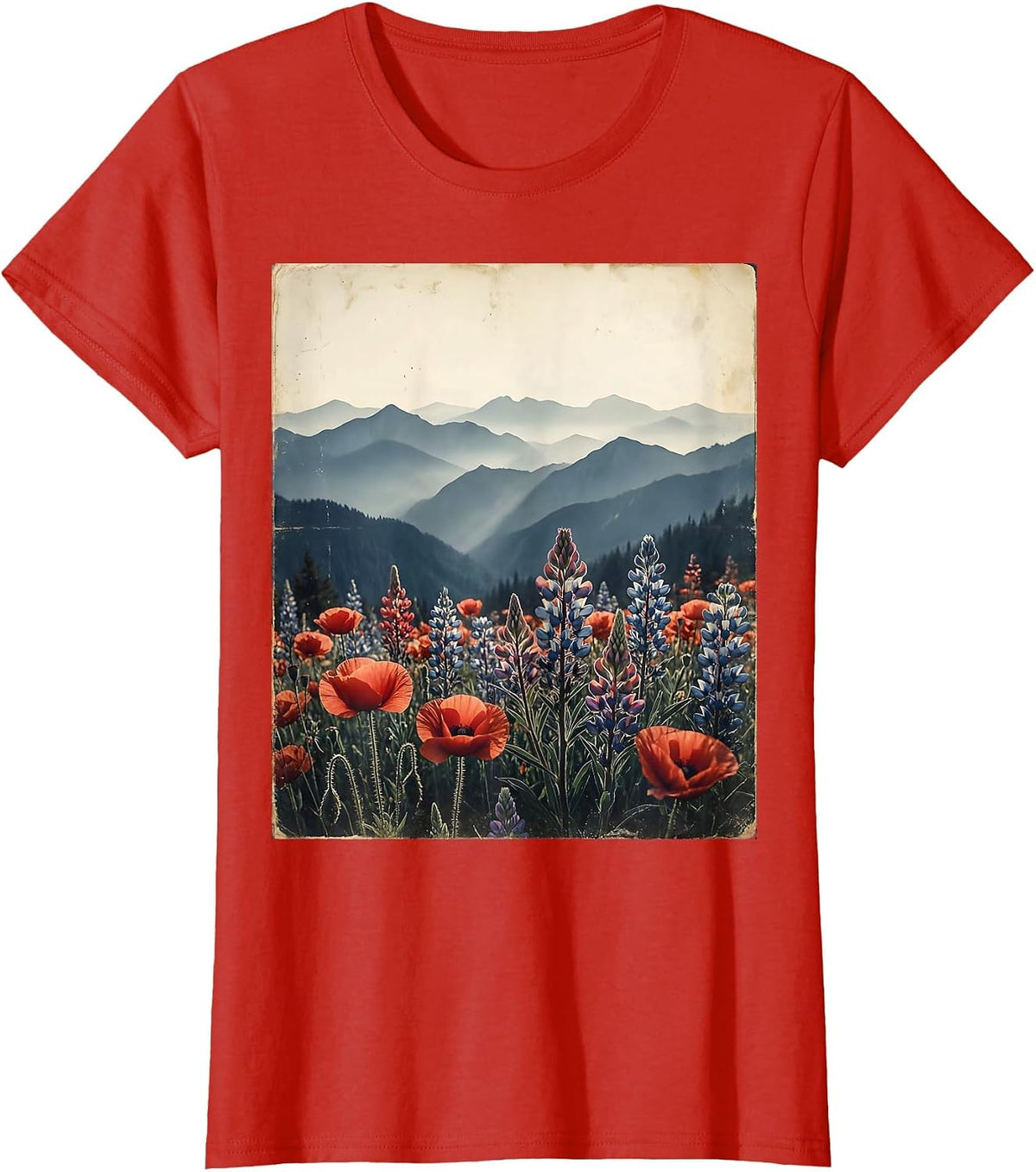 Blue Mountains Red Wildflowers Scenic Nature Design T-Shirt - Red