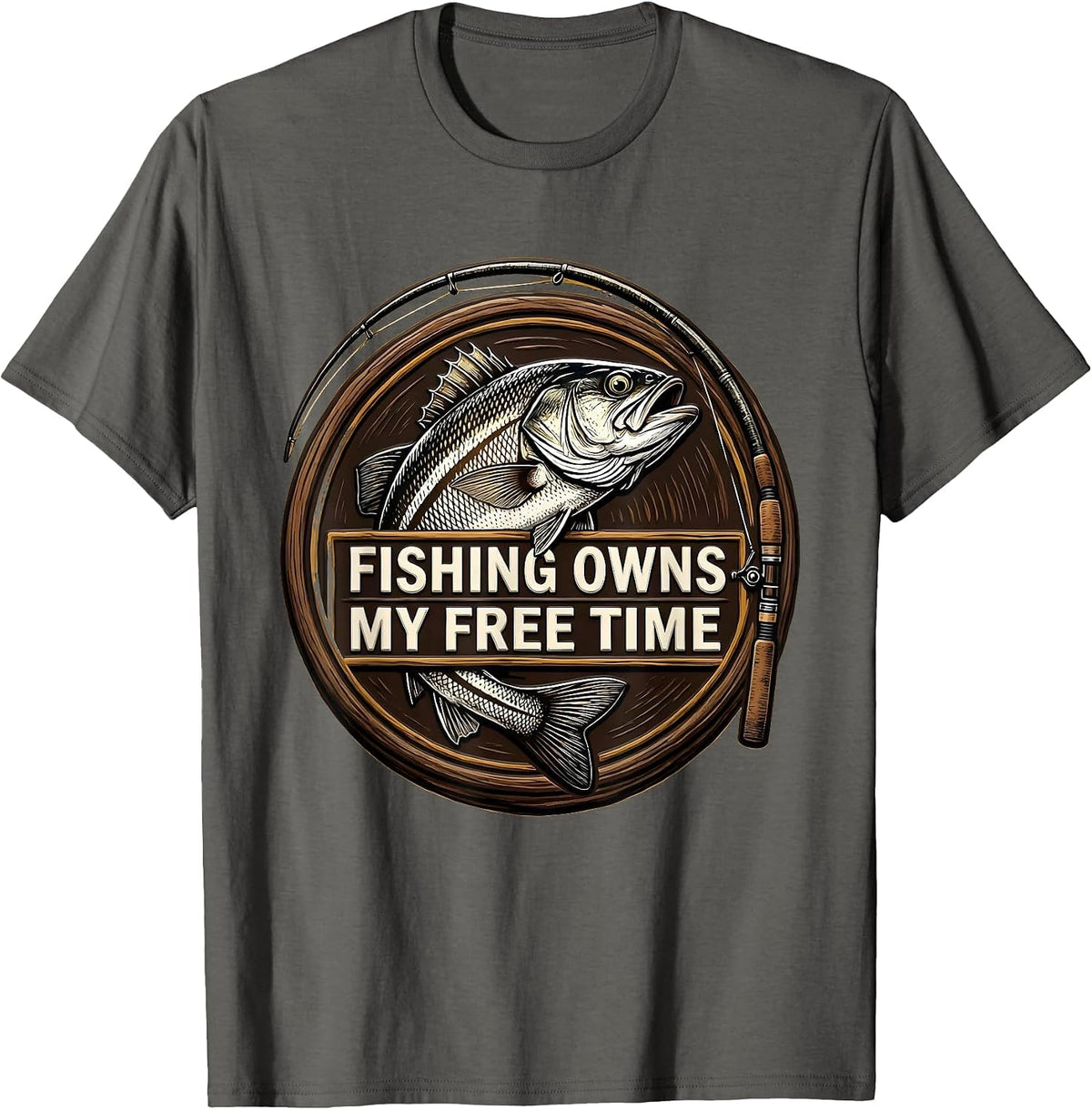 Men's Fishing Owns My Free Time Funny Fishing Humor Bass Fisherman T-Shirt - Asphalt Grey