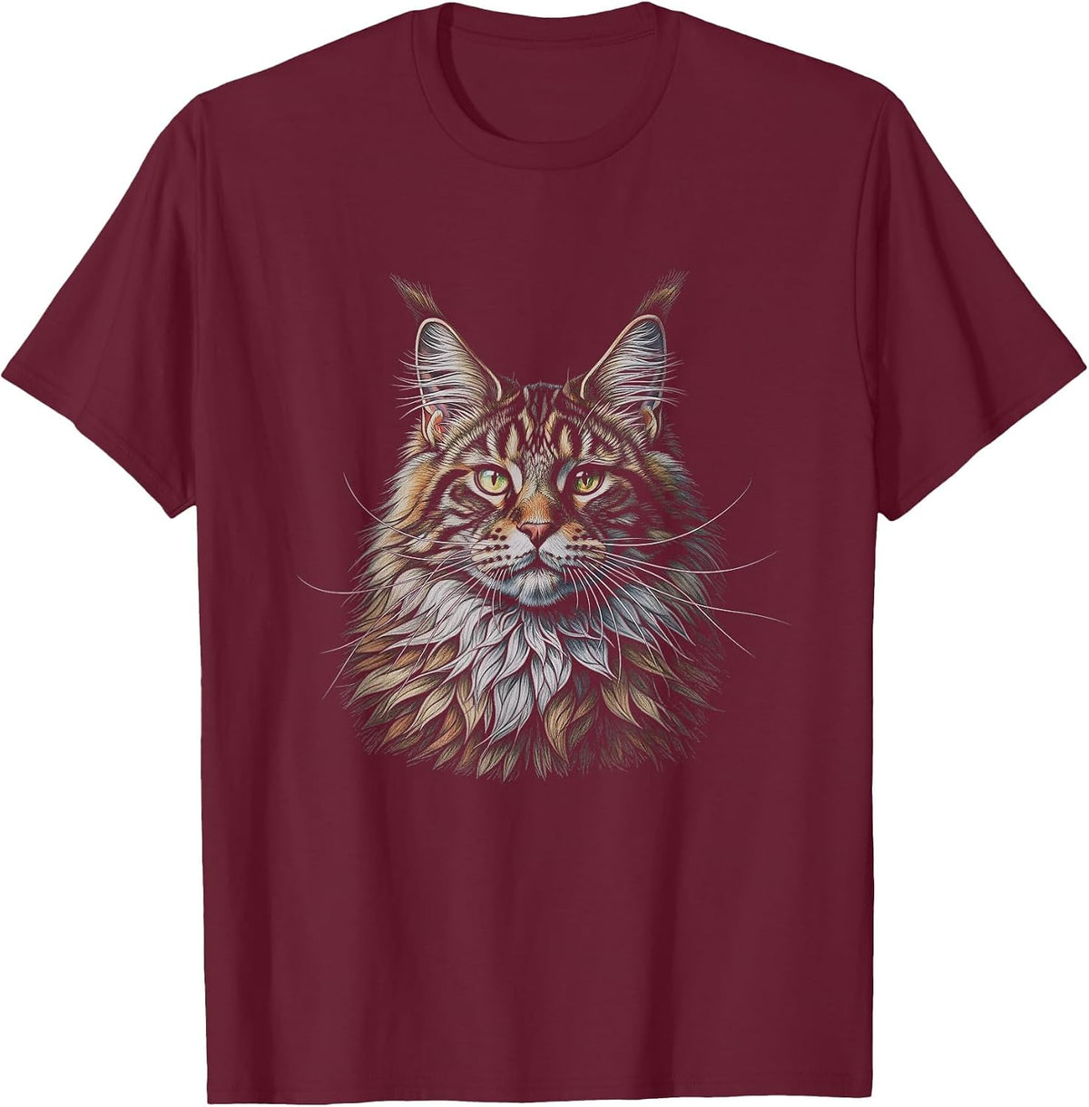 Maine Coon Cat Drawing Art Design T-Shirt - Burgundy