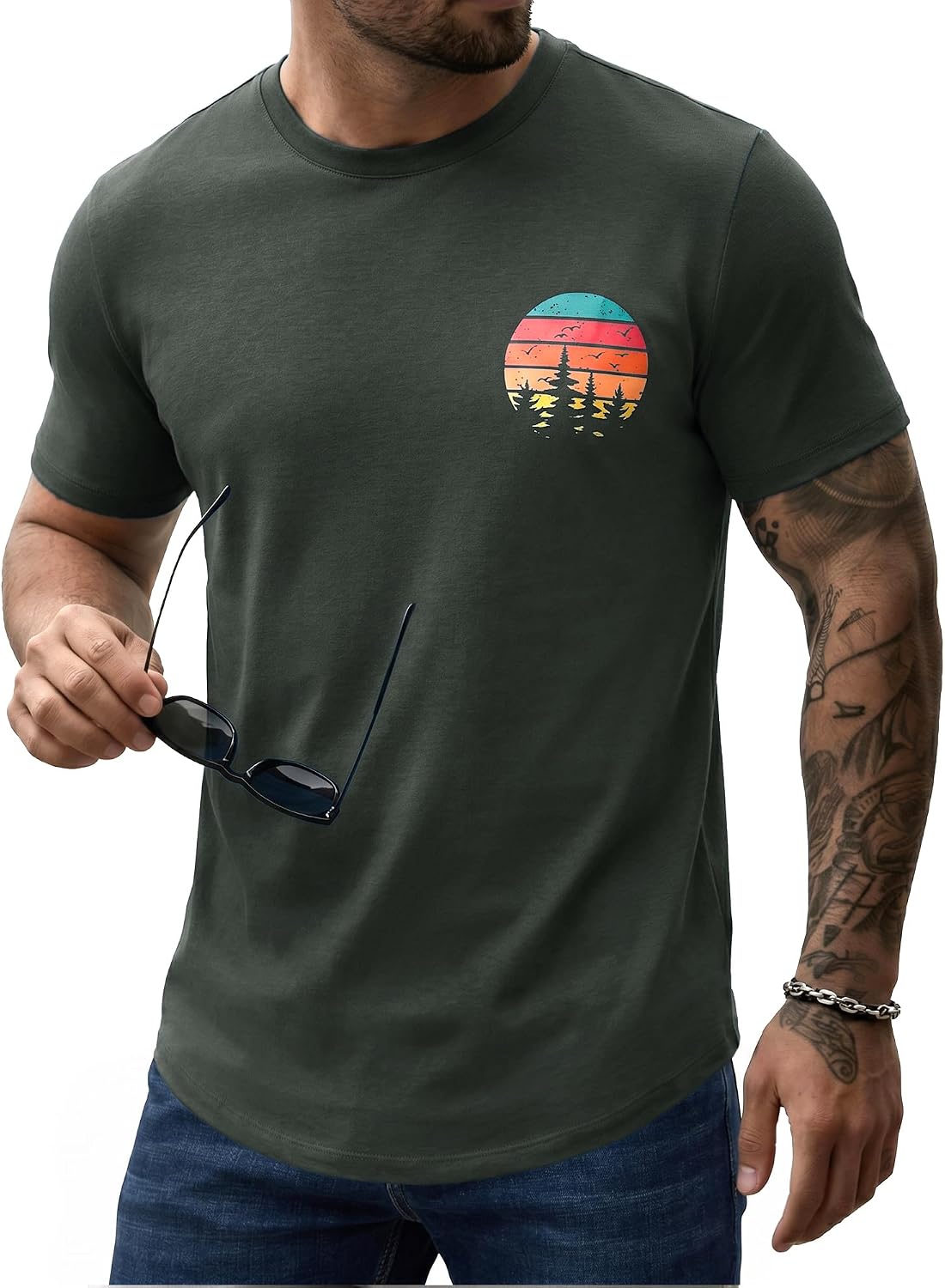 Comdecevis Men's Graphic T-Shirts Curved Hem Casual Vintage Summer Tees - Dim Gray
