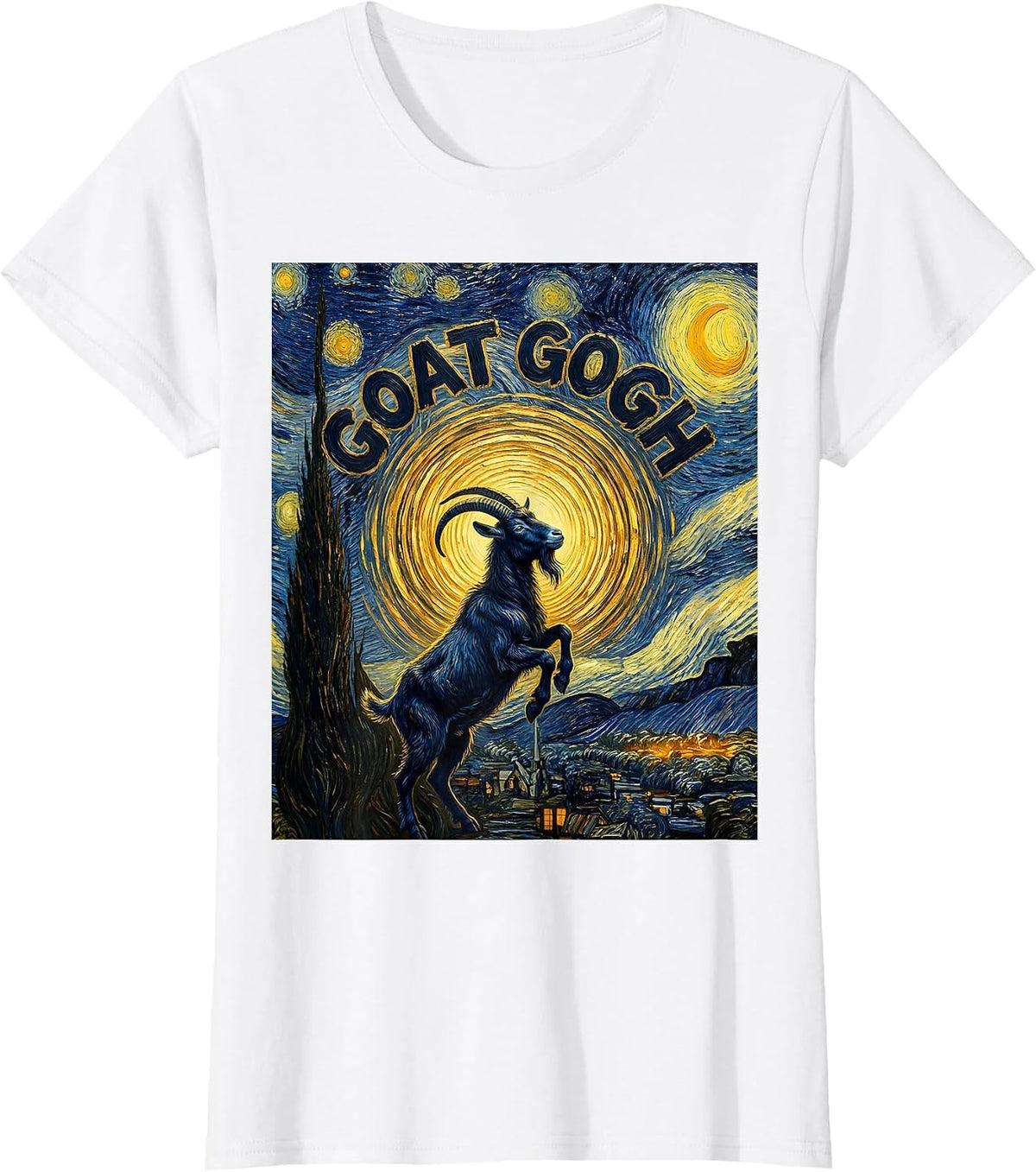 Goat Gogh Post-Impressionist Night Field Pet Lover Humor T-Shirt - White
