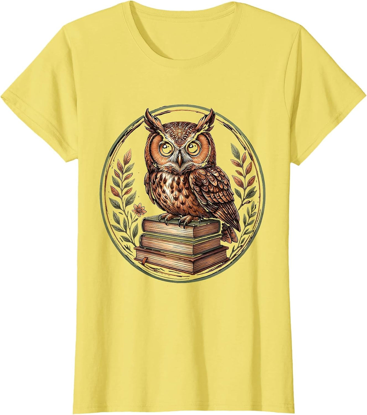 Women's 4th Grade Teacher Owl on Textbooks Illustration T-Shirt - Lemon Yellow