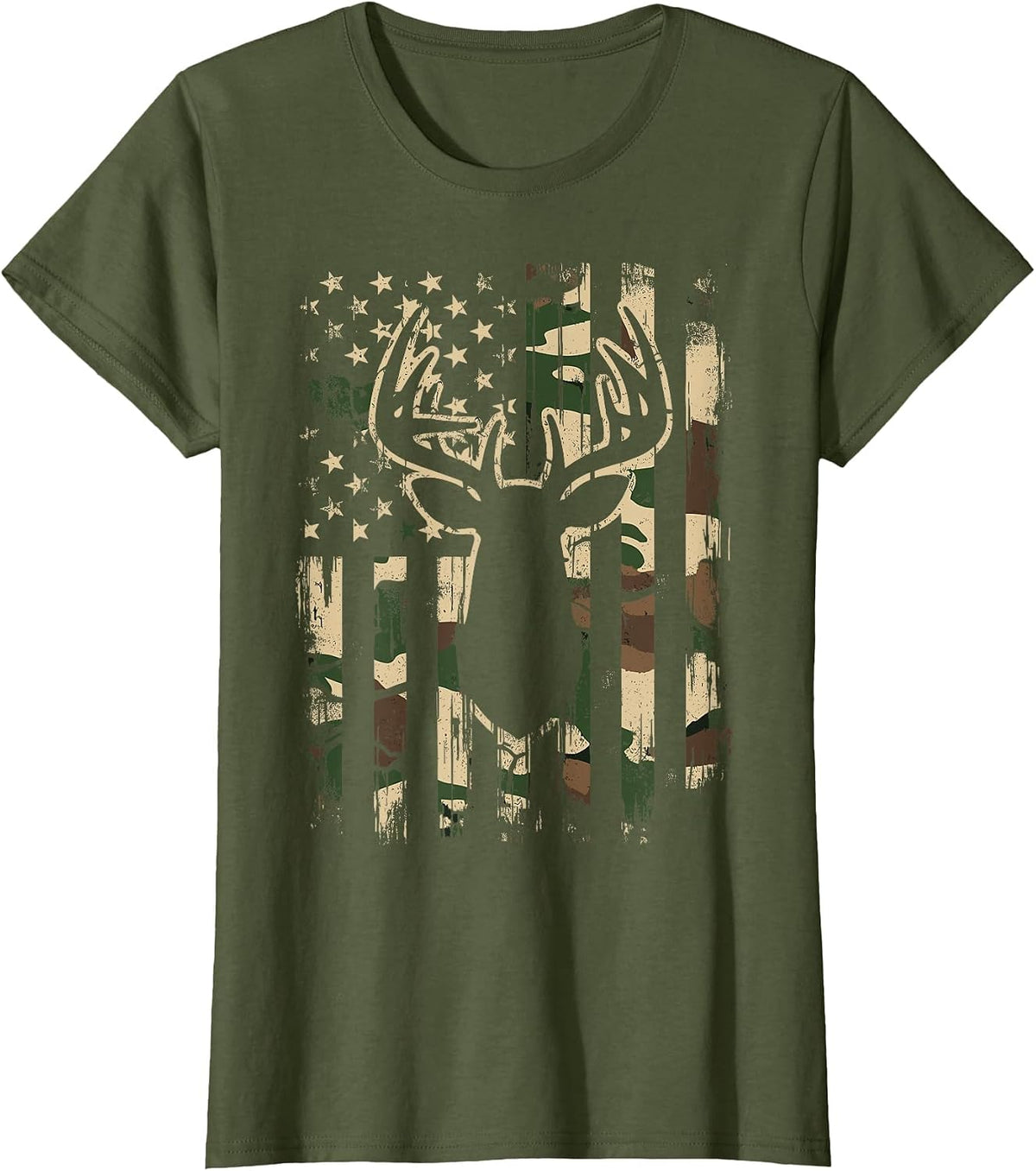 Deer Hunting Camo American Flag Outdoor T-Shirt - Olive Green