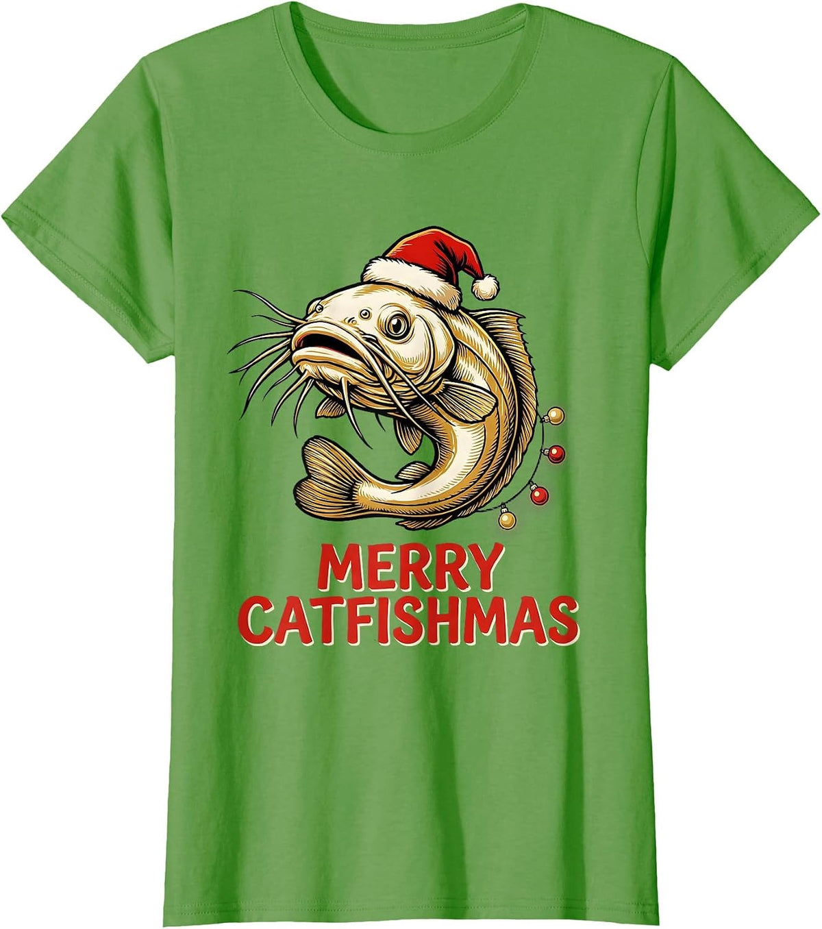 Women's Merry Catfishmas Funny Christmas Fishing Ugly Sweater T-Shirt - Grass Green