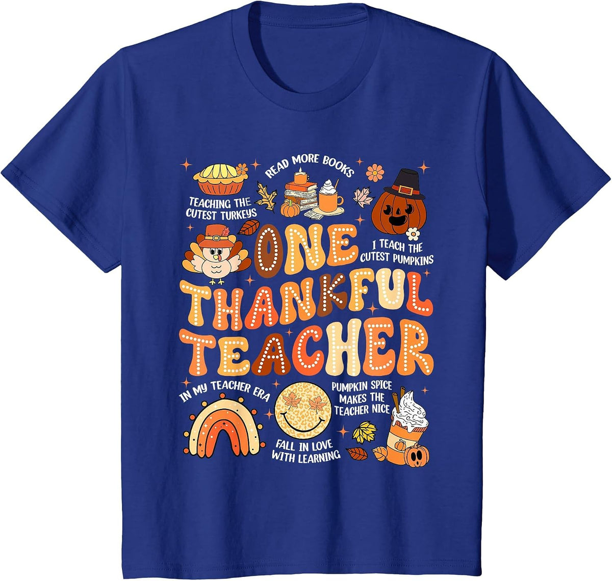 Thanksgiving One Thankful Teacher Fall Groovy Men Women T-Shirt - Royal Blue