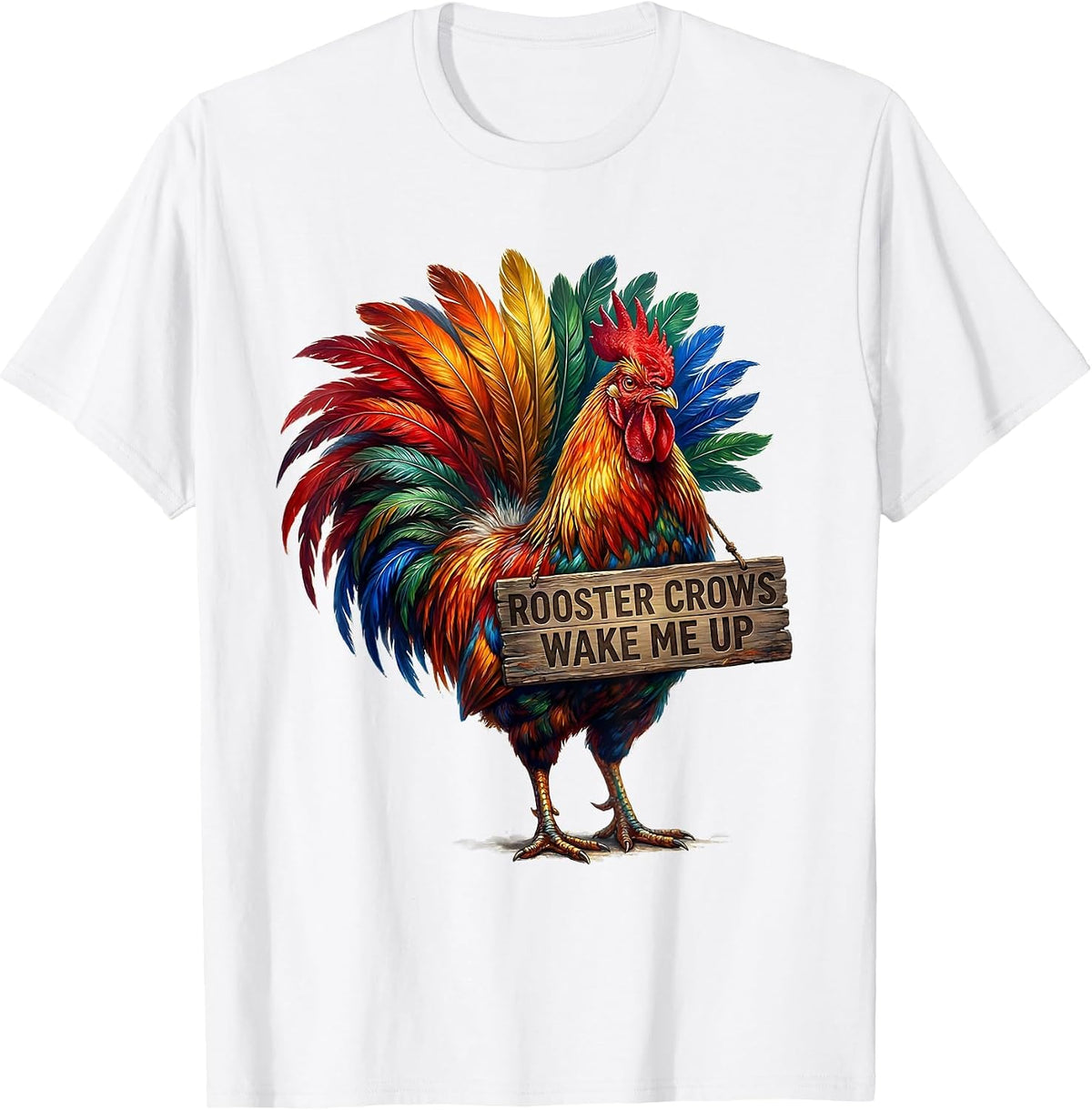 Men's Rooster Crows Wake Me Up Funny Farm Design T-Shirt - White