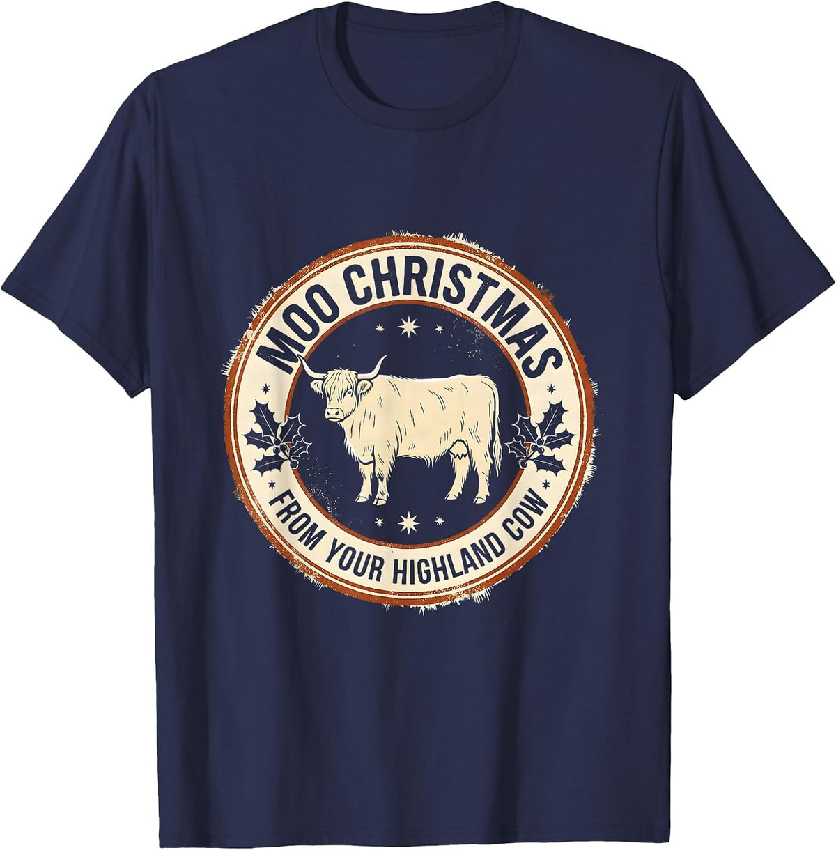 Moo Christmas From Your Highland Cow Funny Farm Animal T-Shirt - Navy Blue