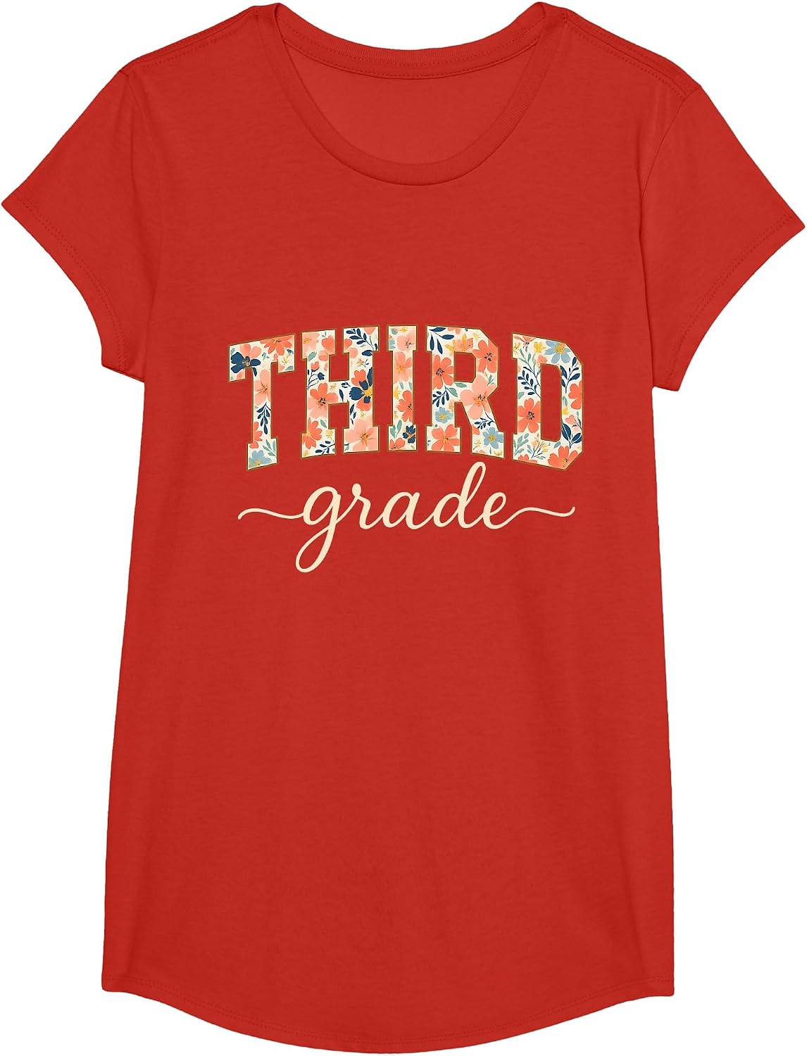 Floral Third Grade Back to School for Students and Teachers T-Shirt - Girls Red