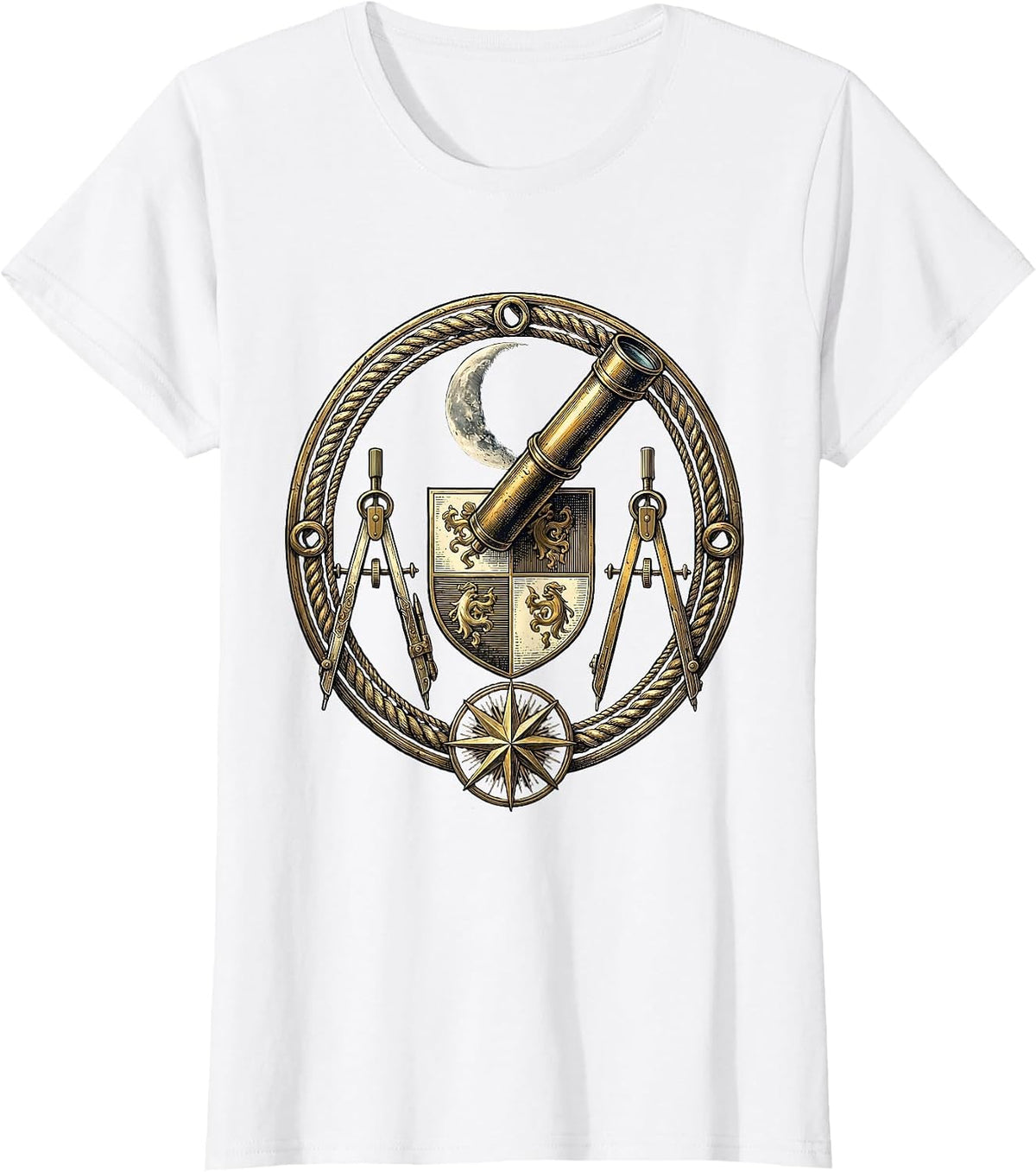 Renaissance Astronomer Telescope Crescent Moon Art T-Shirt - White