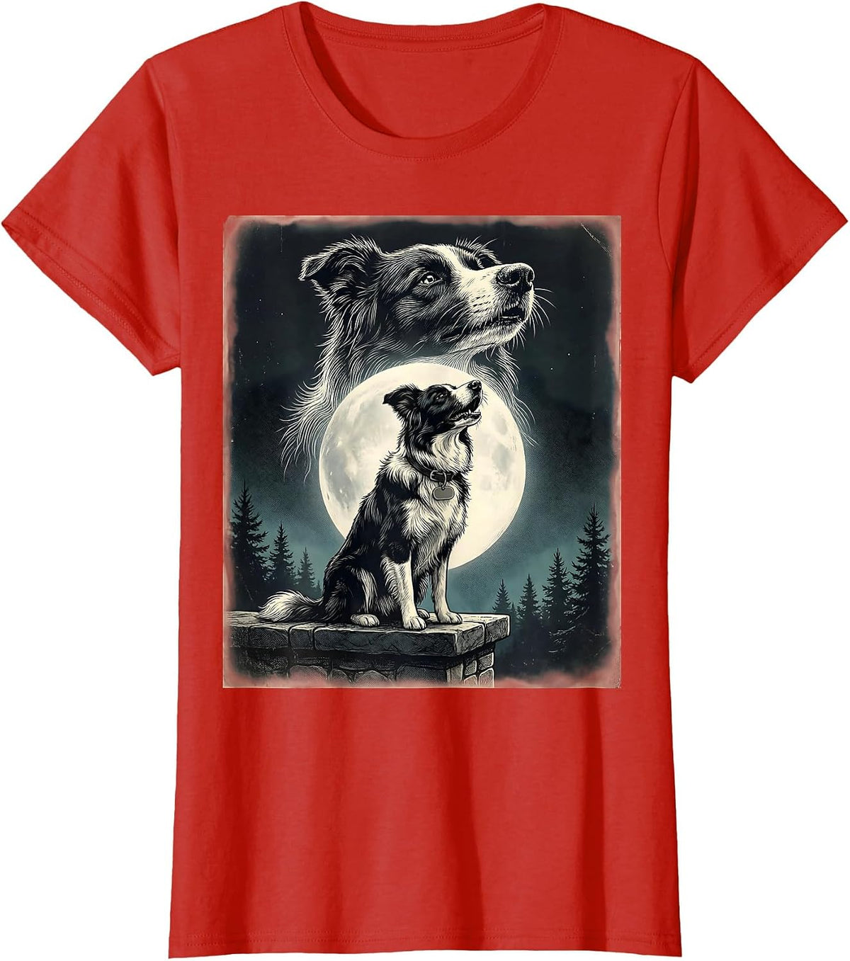 Women's Border Collie Howling to the Moon Vintage Dog Art T-Shirt - Red