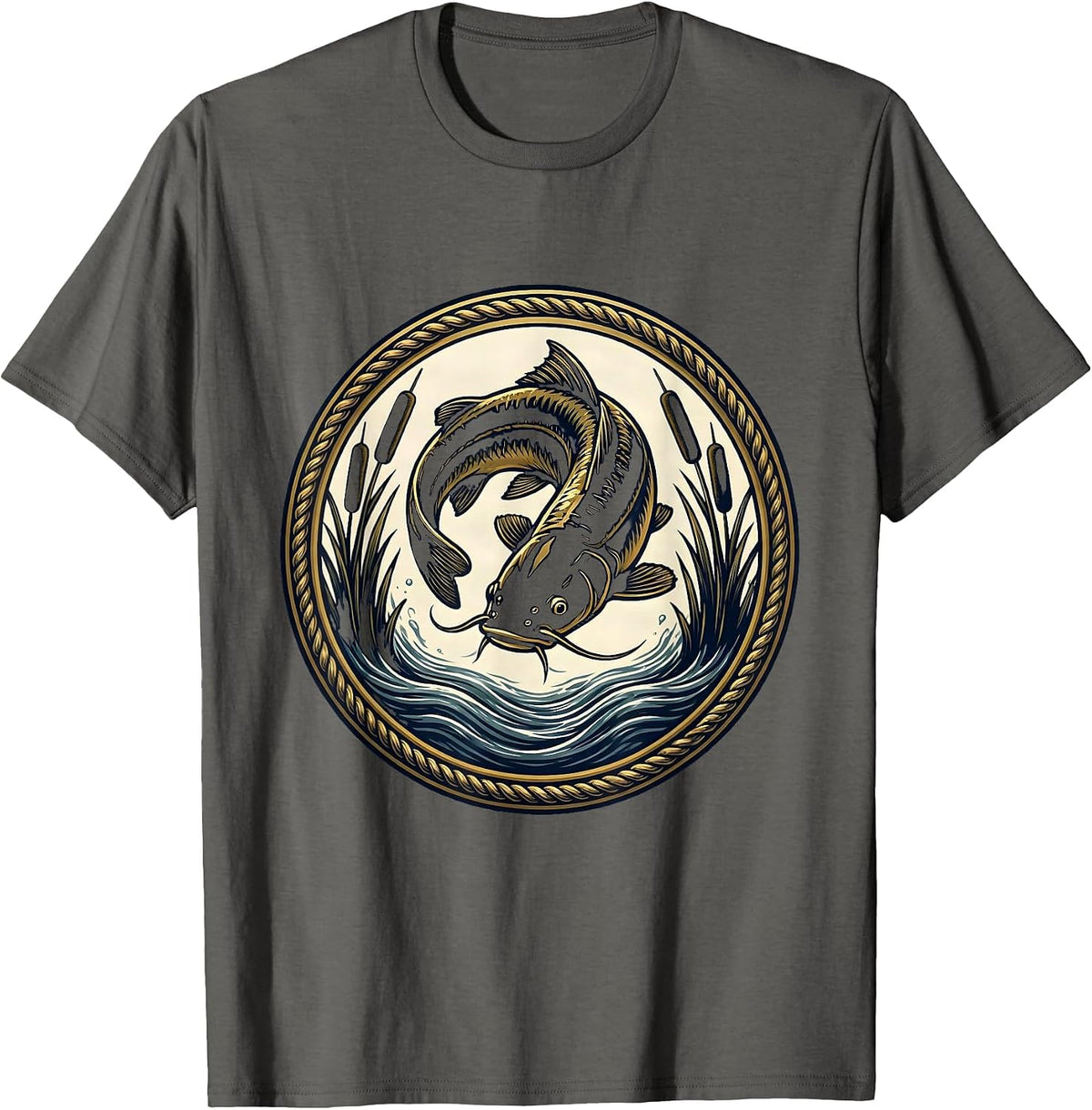 Giant Catfish Lurking Murky River Depths T-Shirt - Asphalt Grey