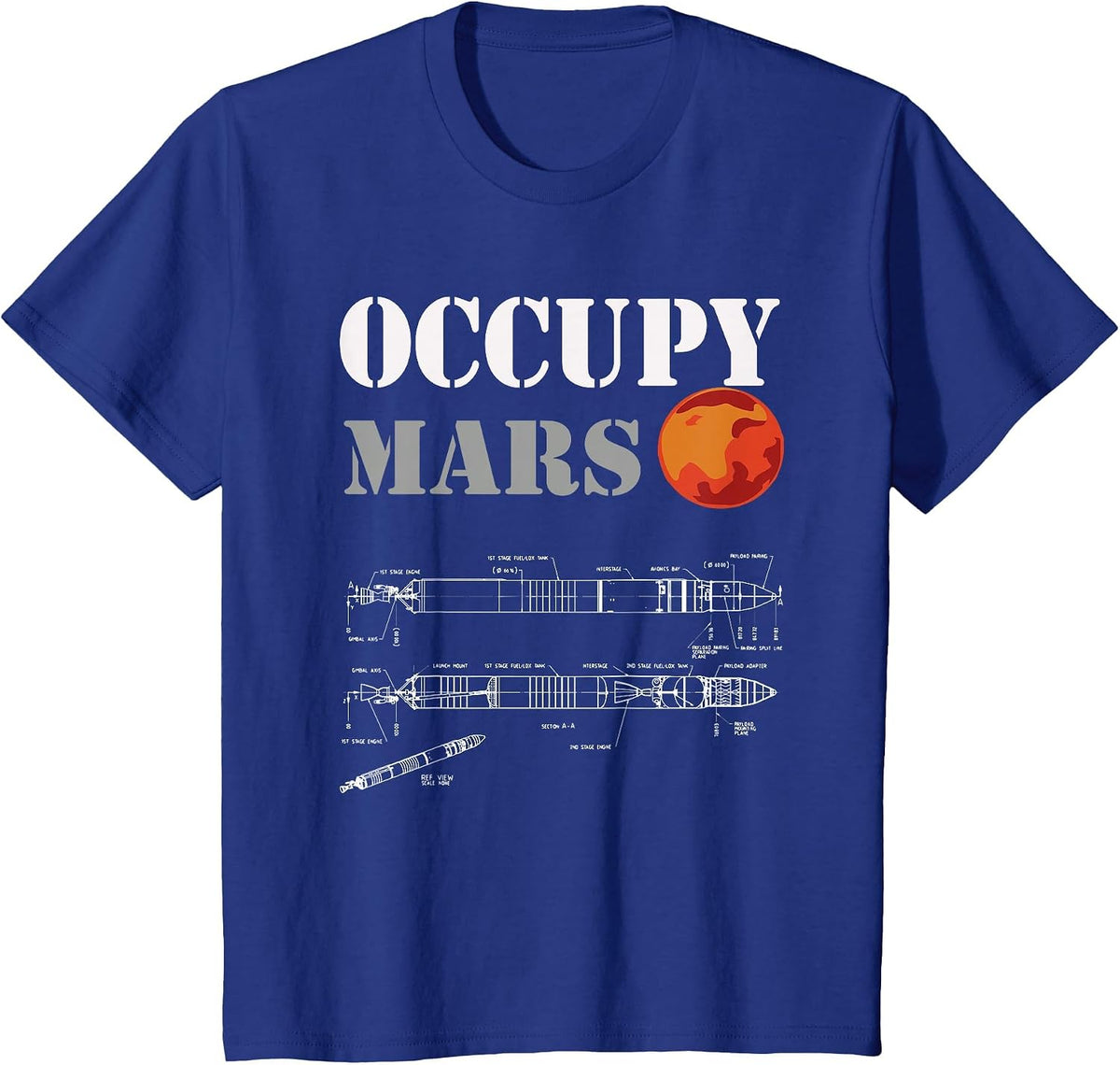 Occupy Mars - Rocket Blueprint Mans Woman's Kids T-Shirt - Royal Blue
