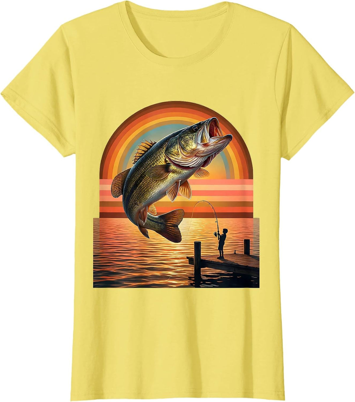 Kids Fishing Reeling In Giant Leaping Bass T-Shirt - Lemon Yellow