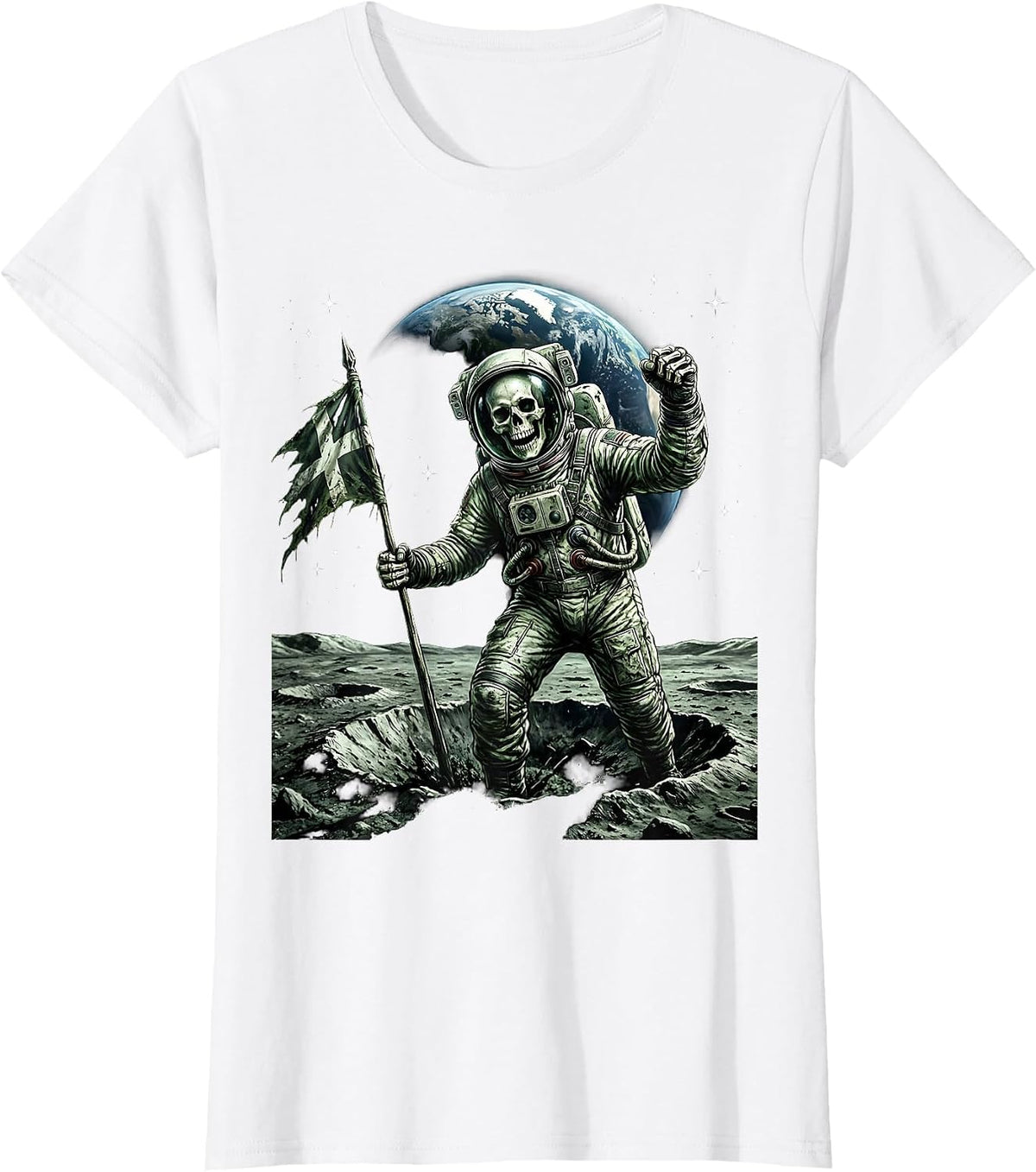 Skeleton Astronaut Planting Flag on Moon T-Shirt - White
