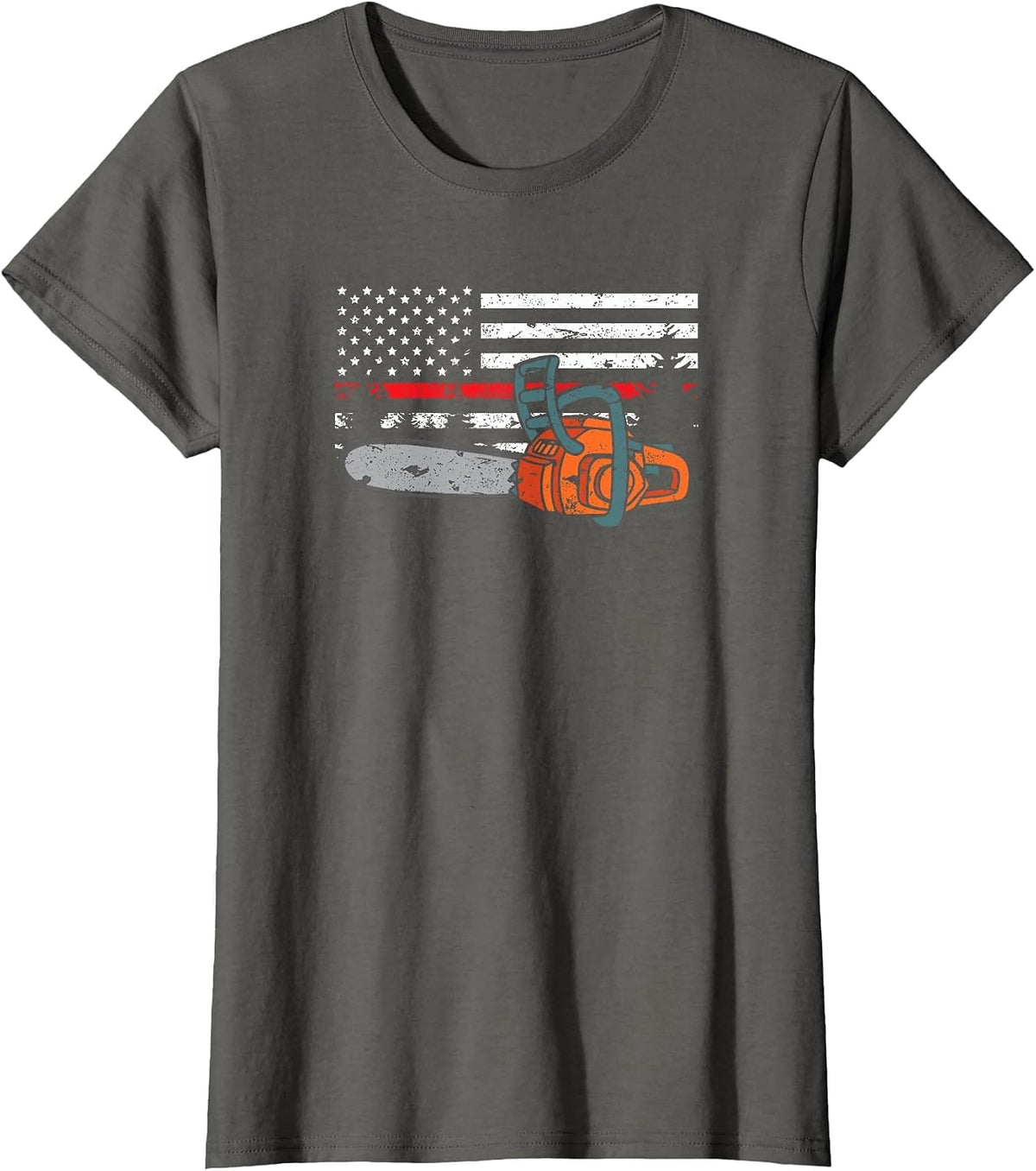 Wildland Firefighter Chainsaw Red Line American Flag T-Shirt - Asphalt Grey