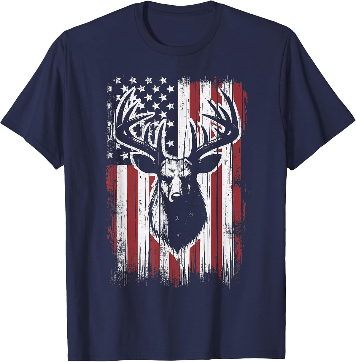 Deer Hunting American Flag Deer T-Shirt - Navy Blue
