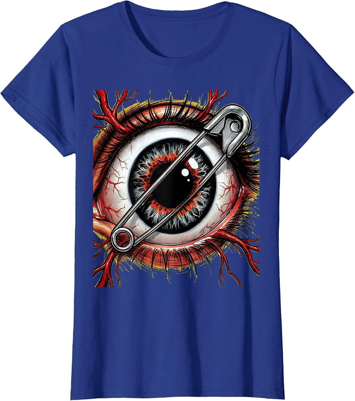 Women's Punk Eyeball Safety Pin Graphic Design T-Shirt - Royal Blue